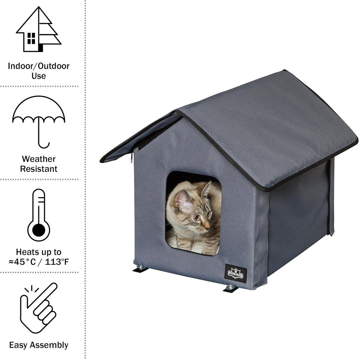 Heated Cat House - Double-Door Cat Bed with Zippered Roof, Pet Heating Pad, and Sherpa Cover - for Garage, Porch, Barn, or Basement by PETMAKER (Gray)