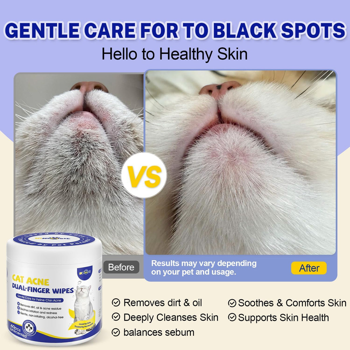 Cat Chin Wipes, Dual-Finger Cleaning Pads, Unscented, 60 Count