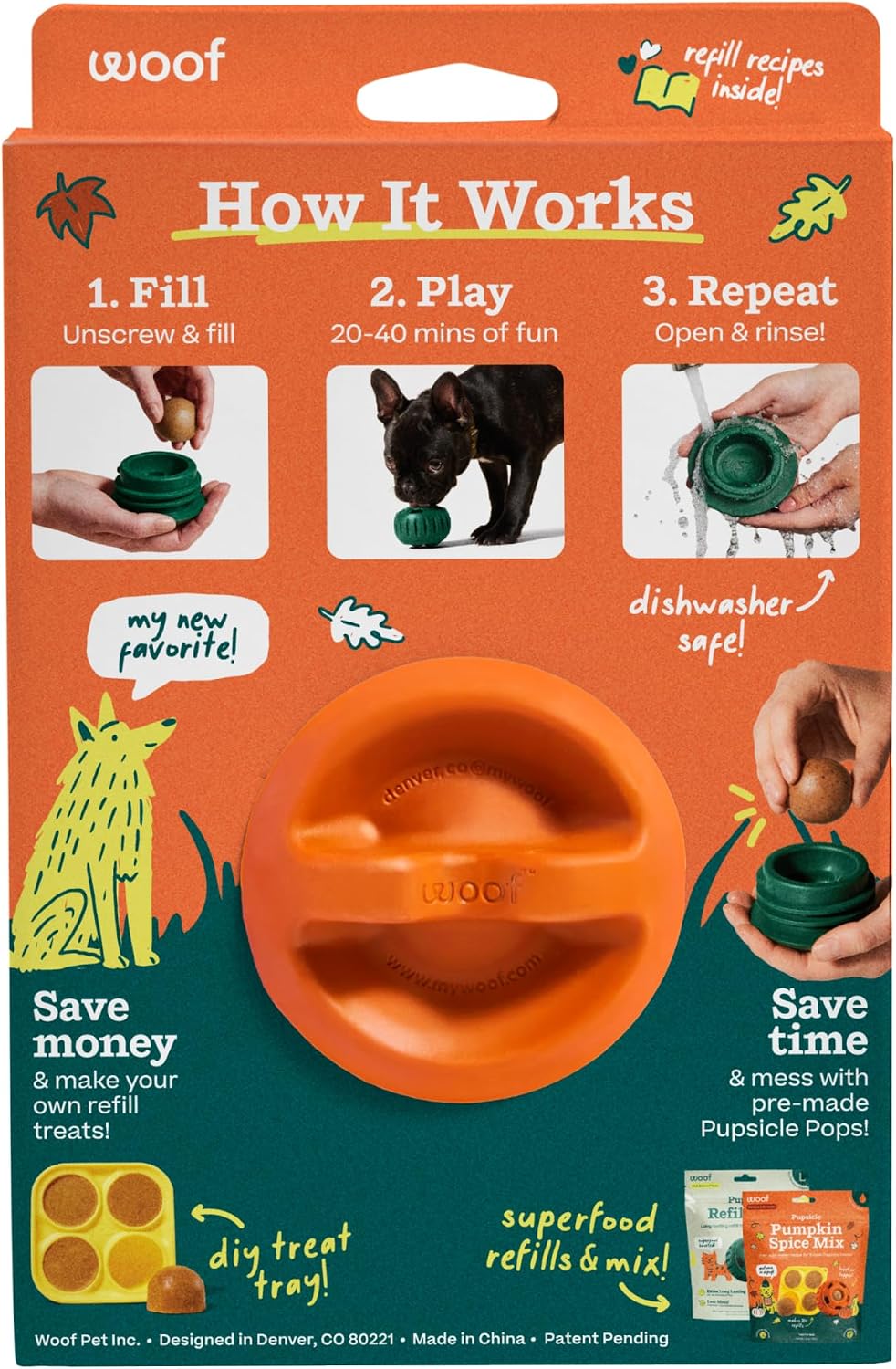 WOOF Pupsicle Interactive Dog Ball Toy for Dogs Small 10-25 lbs - Orange