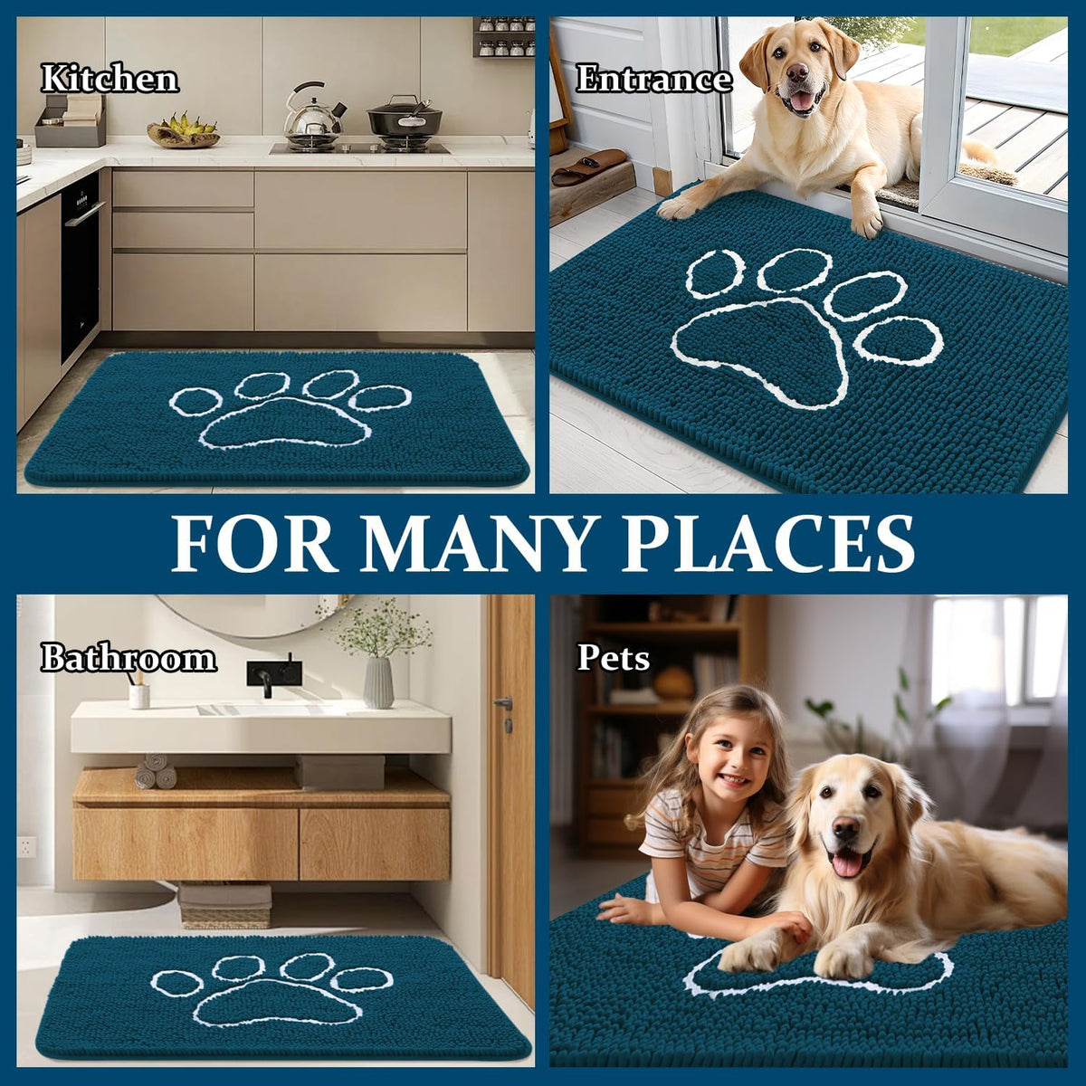 OLANLY Dog Door Mat for Muddy Paws 59x35, Paw Print Design Chenille Mud Mat