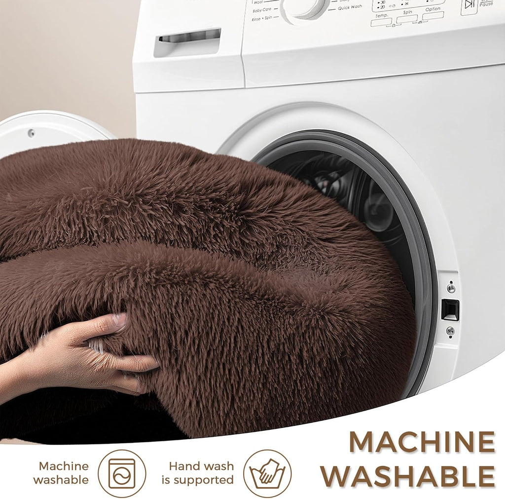 Calming Round Dog Bed & Cat Bed with Anti-Slip Bottom, Medium Size Washable Anti-Anxiety Donut Dog Beds for Small Dogs & Cats, Fluffy Plush Soft Dog Bed(24 Inch, Dark Brown)