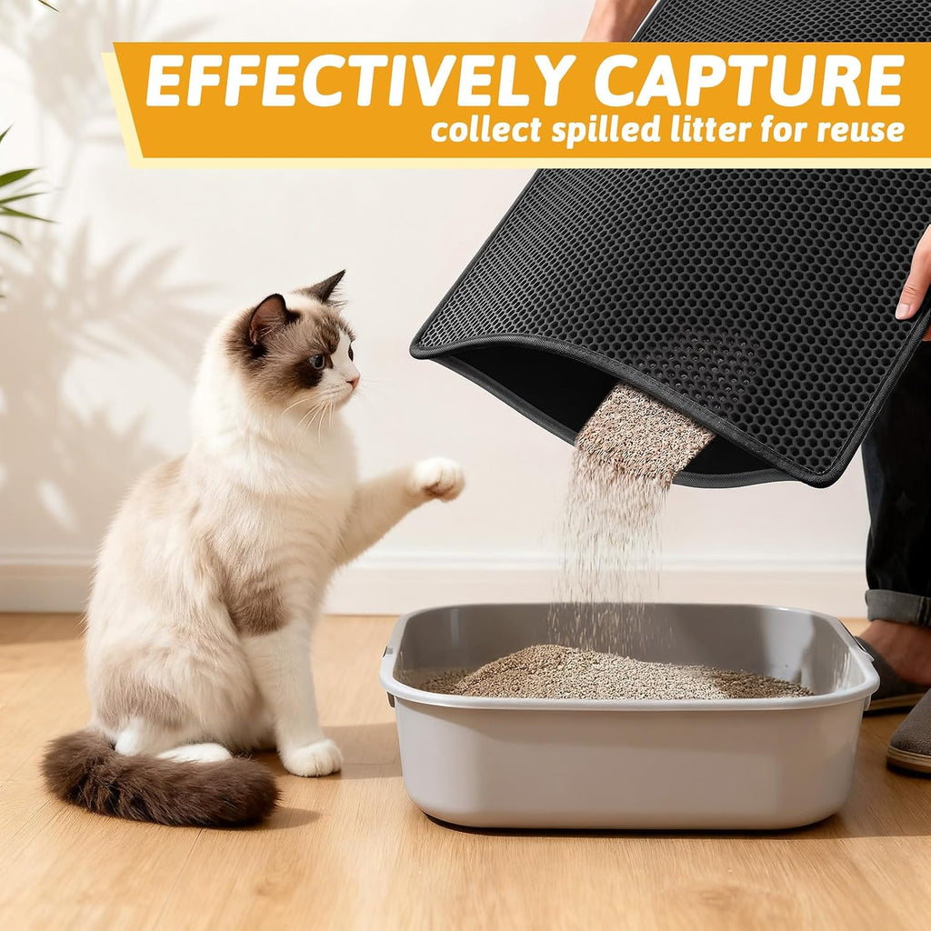 Pieviev Kitty Litter Mat, Double-Layer Waterproof Design, 30" x 24" Black | Honeycomb Litter Box Mat Catches Scattered Particles to Stop Tracking, Urineproof Base protects Floors, Easy to Clean