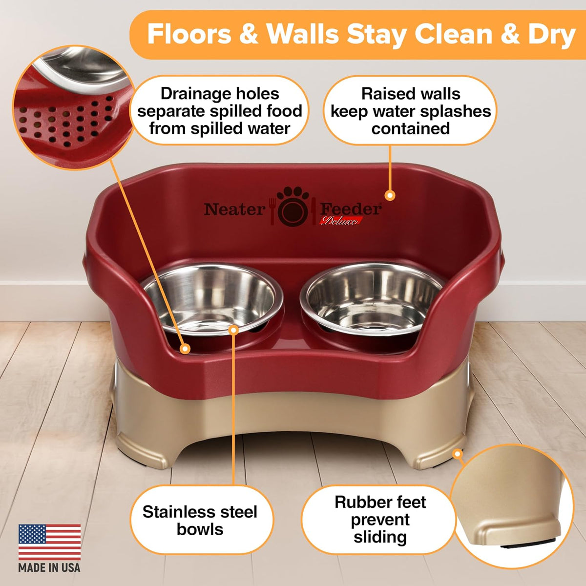 Neater Pet Brands Neater Feeder Deluxe Mess Proof Dog Bowls Elevated for Medium Dogs 19-40 lbs, Made in USA, No Spill Raised Dog Food Bowl Stand Feeding Station, Food and Water Bowl Set, Cranberry 