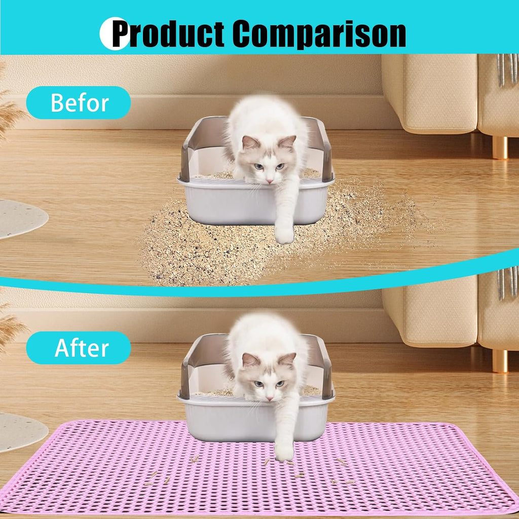 Cat Litter Mat 23"x14.5", Double Layer Waterproof Litterbox Mat, Pink | Non-slip backing, washable for easy cleanup, traps stray litter with waterproof honeycomb large grid that is urine-proof.