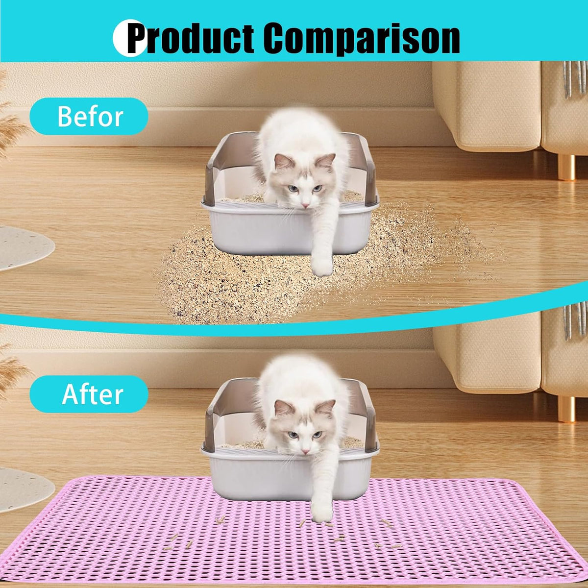 Cat Litter Mat 35"x24", Double Layer Waterproof Litterbox Mat, Pink | Non-slip backing, washable for easy cleanup, traps stray litter with waterproof honeycomb large grid that is urine-proof.