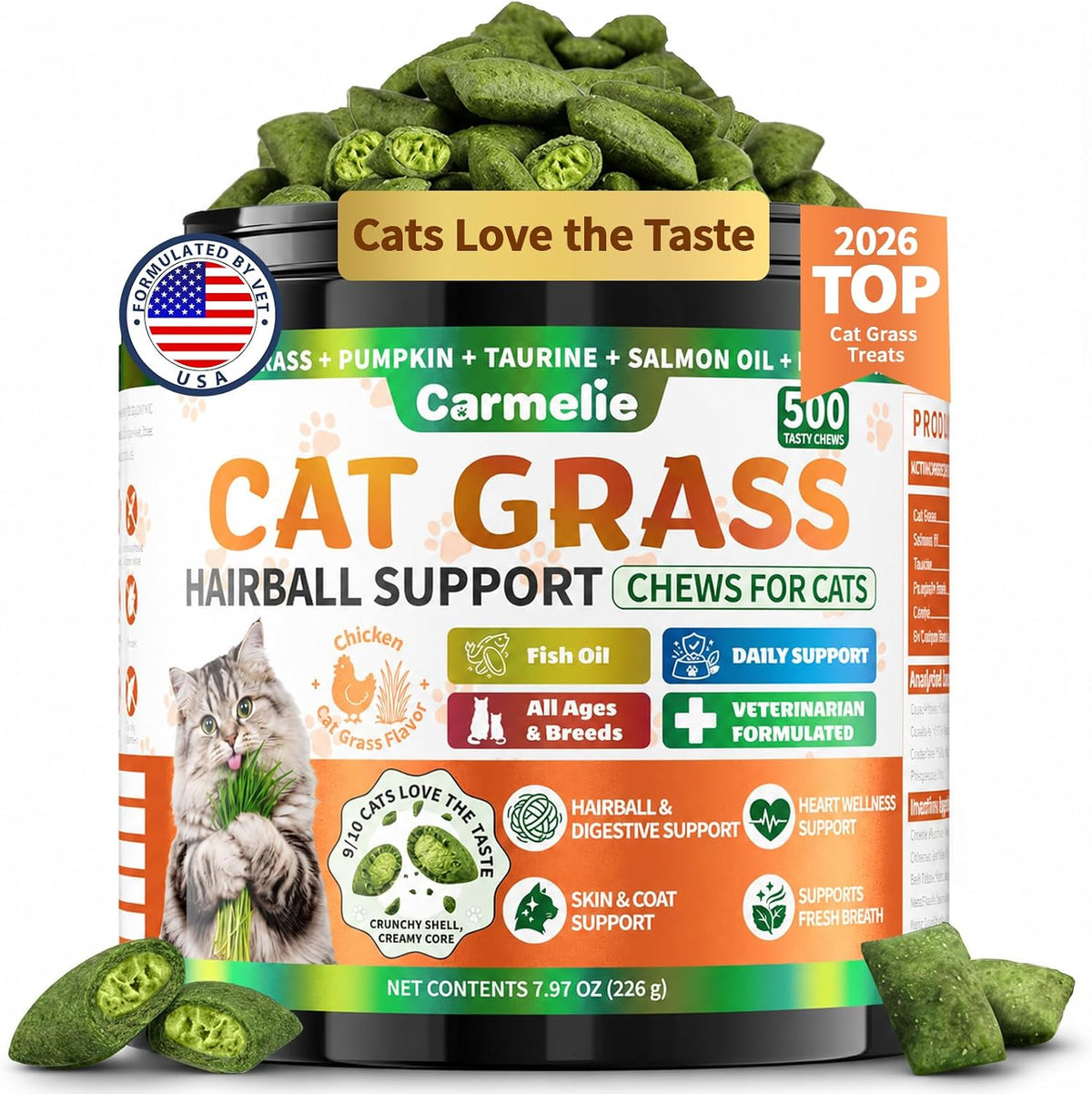 Carmelie Cat Grass Treats Chews, Hairball Treatment for Cats, 500 Count