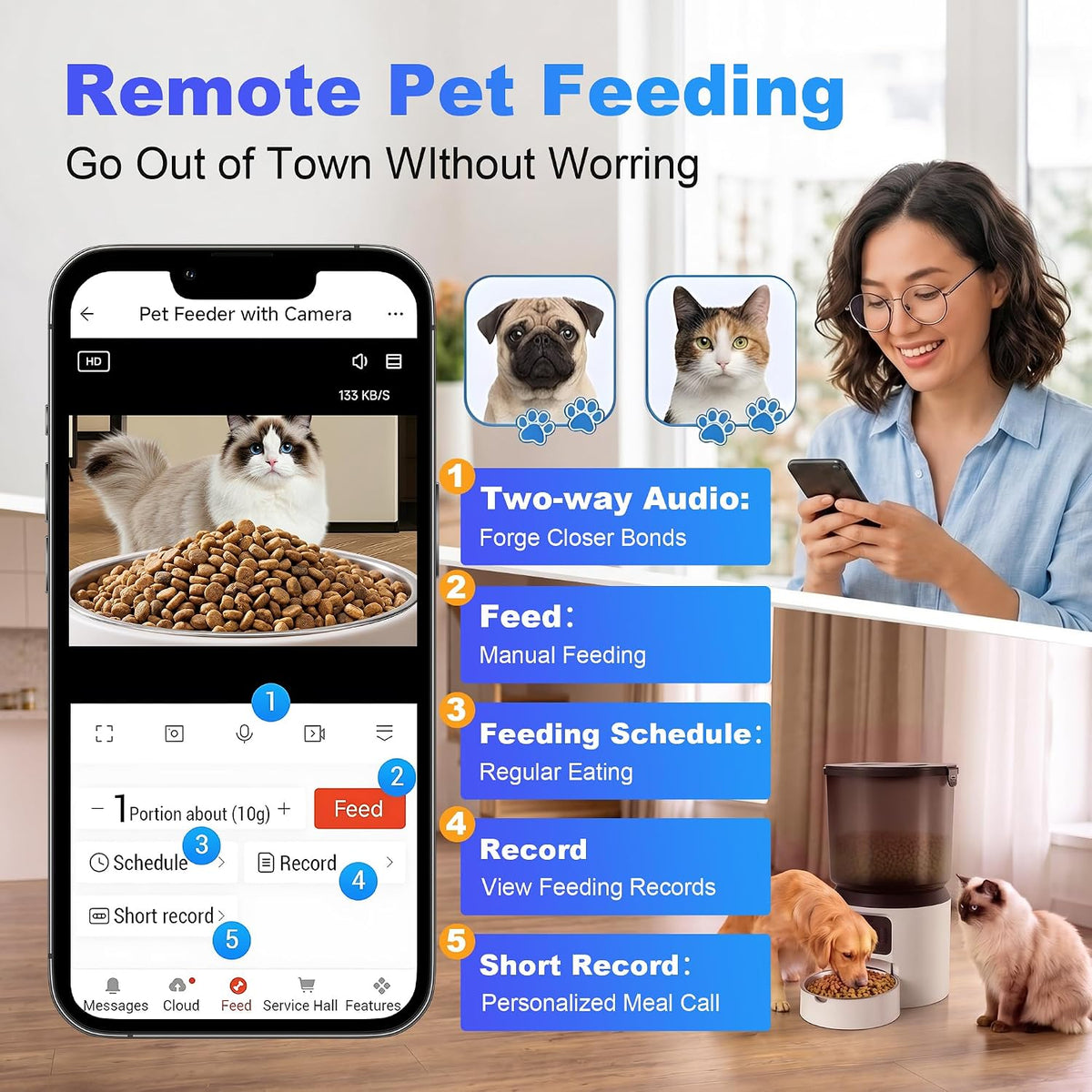 Automatic Cat Feeder with 2K Camera 5G WiFi 4L Timed Dry Food Dispenser APP Control, 15 Meals Programmable 1-20 Portion Per Day Dual Power Supply with Stainless Bowl for Multiple Pet Easy Clean