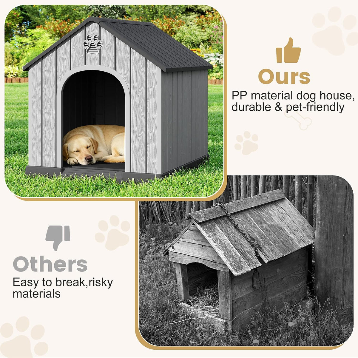 Fancyango Large Dog House Outdoor Indoor for Medium Large Dogs, Durable Plastic Waterproof Doghouse with Air Vents and Elevated Floor, Easy Clean and Assemble (Black, 36.2''L×38''W×38''H)