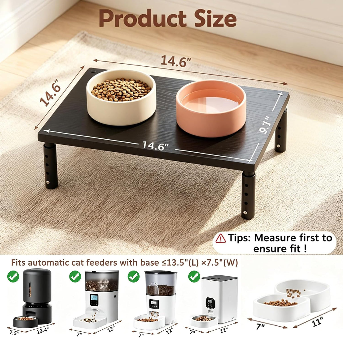 OPNICE Adjustable Cat Food Stand, Elevated Cat Feeder Stand with 4 Height Settings, Automatic Cat Feeder & Tradition Bowls, Raised Pet Feeding Table Station for Cats & Small Dogs, Black 2-Pack