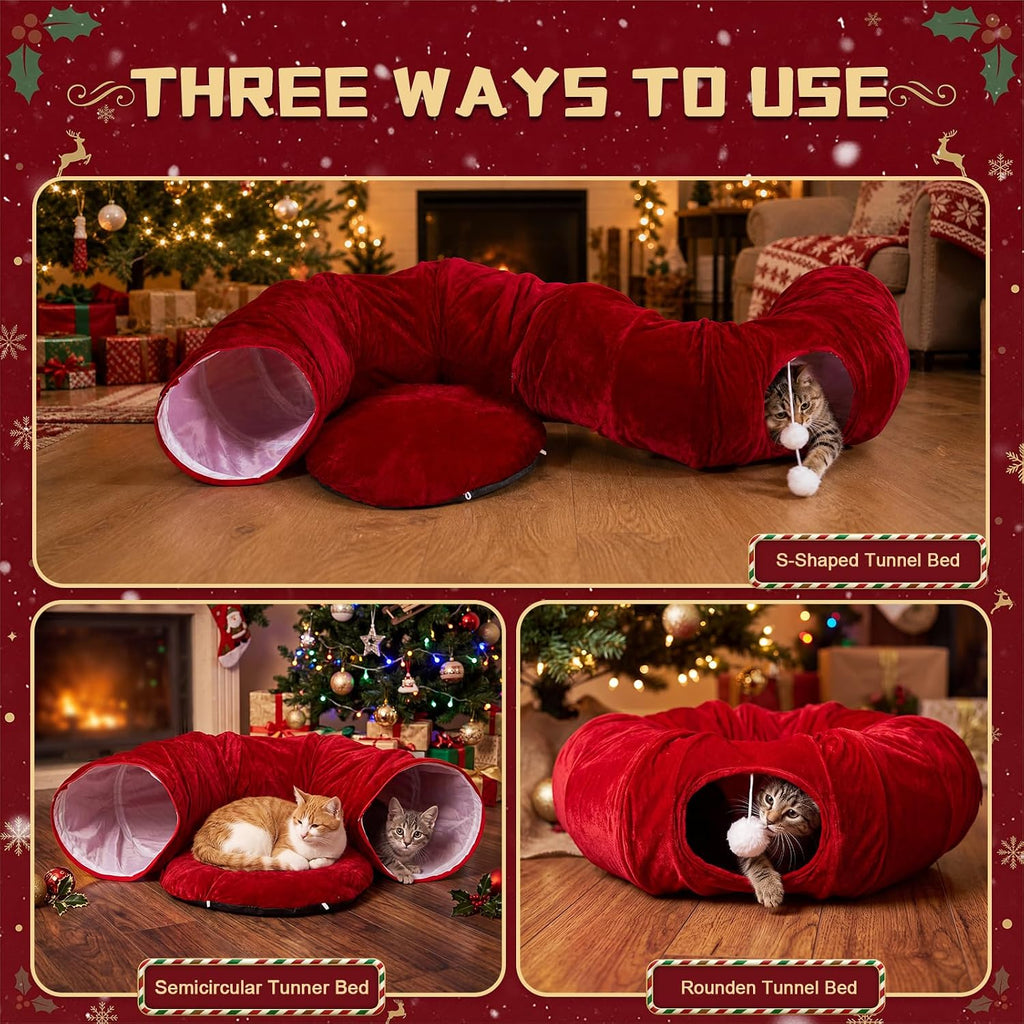Thyle Christmas Cat Tunnel Bed, Burgundy, 2.4ft X 2.4ft X 11.8in, Velvet