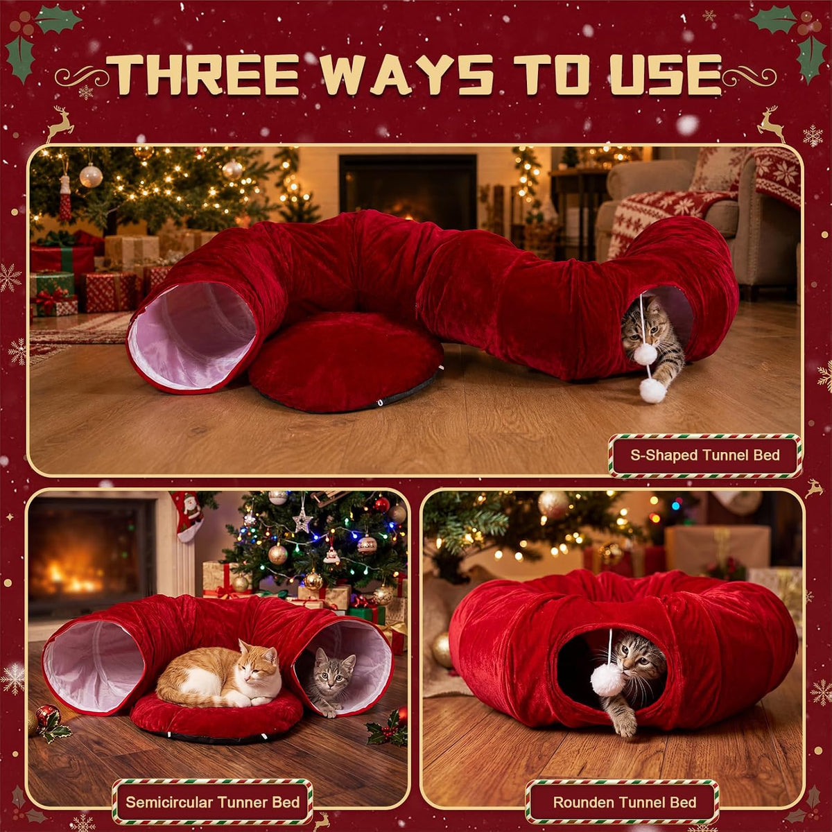 Thyle Christmas Cat Tunnel Bed, Burgundy, 2.4ft X 2.4ft X 11.8in, Velvet