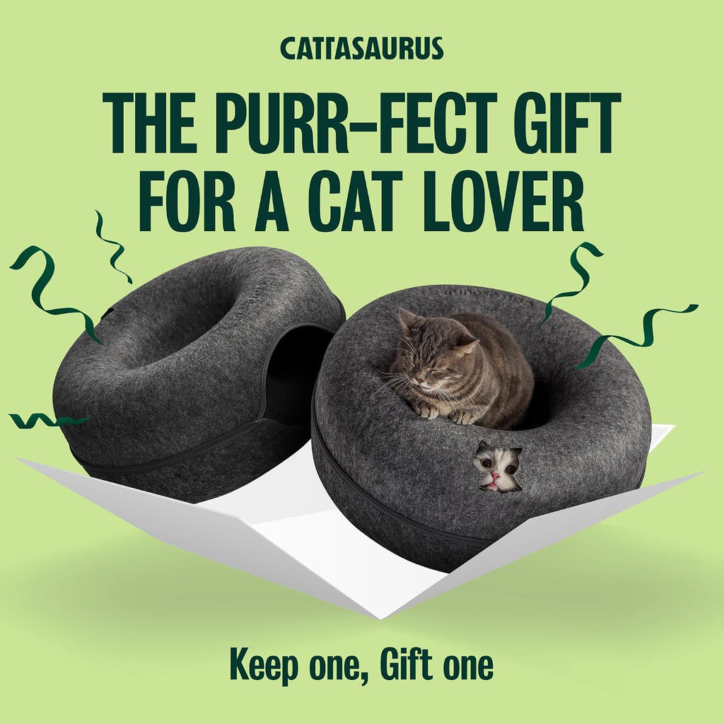 Cattasaurus Peekaboo Cat Cave Donut for Multiple & Large Cats up to 30-45 lbs, 3-in-1 Self Warming Cat Bed, Tunnel & Scratcher for Indoor Cats, Washable & Detachable (Dark Gray + Dark Gray, Large)