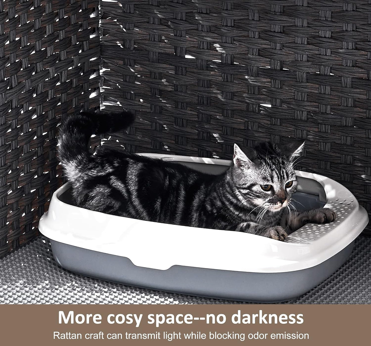 Cat Litter Box Enclosure with Door, Hidden Cat Washroom Furniture | Handwoven PP Wicker; Soft Litter Mat Included; Spacious Interior; Furniture-Style Design; Indoor Home Décor