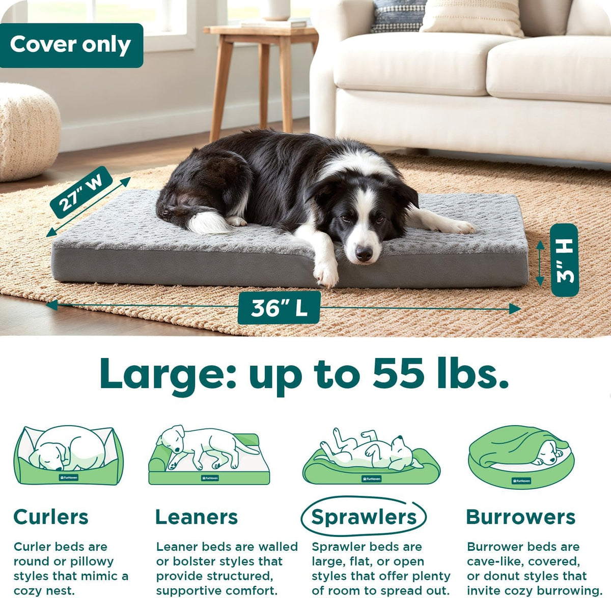 Furhaven Replacement Dog Bed Cover Ultra Plush Faux Fur & Suede Mattress, Machine Washable - Gray, Large