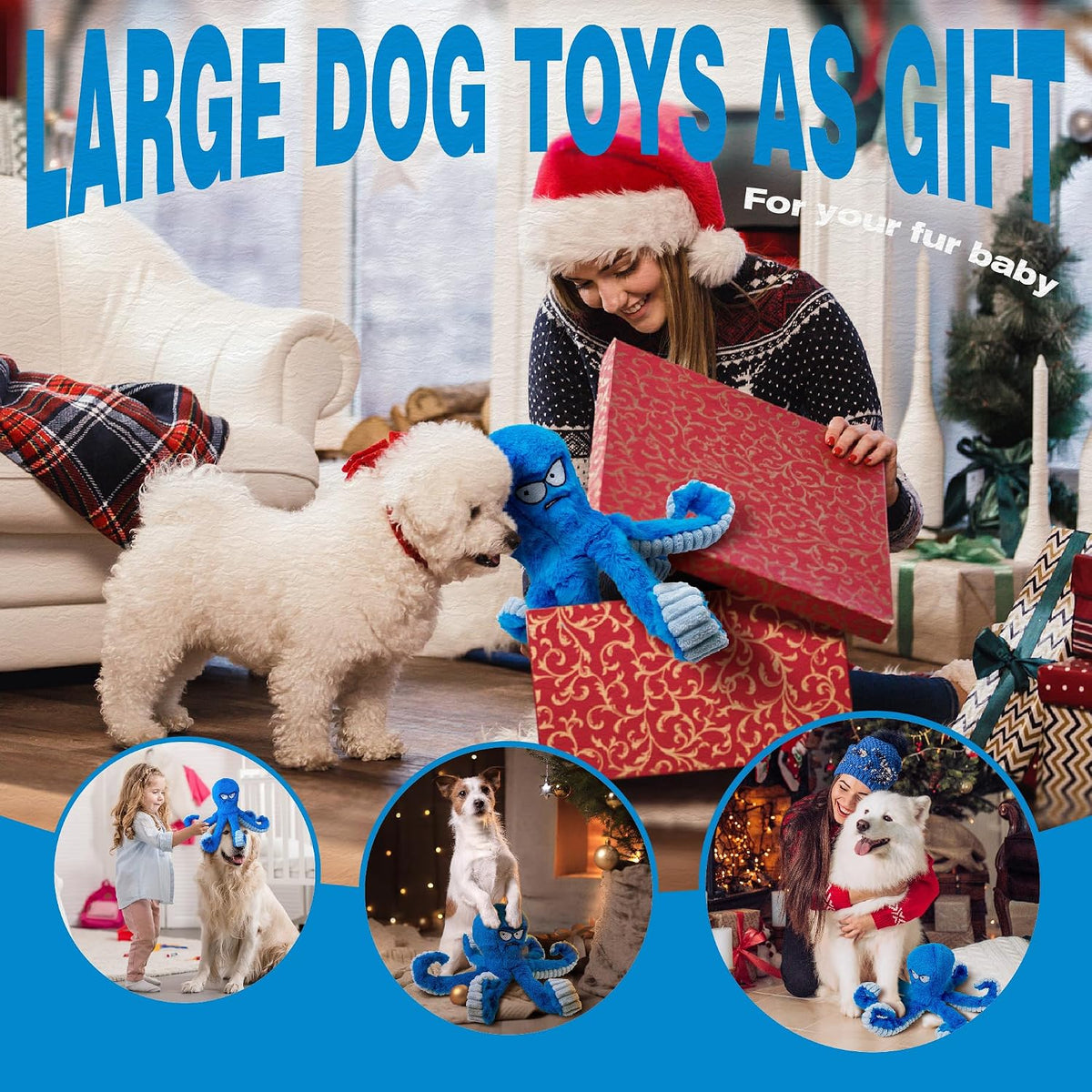 LEGEND SANDY Tough Dog Toys, Stuffed Chew Large Dog Toys to Keep Them Busy, Interactive Squeaky Tug of War Doggie Toy, Crinkle Blue Octopus | Interactive Tug of War Puppy Toys, Crinkle Stuffed Octopus for Small Medium and Large Breeds, Birthday Gift fo...