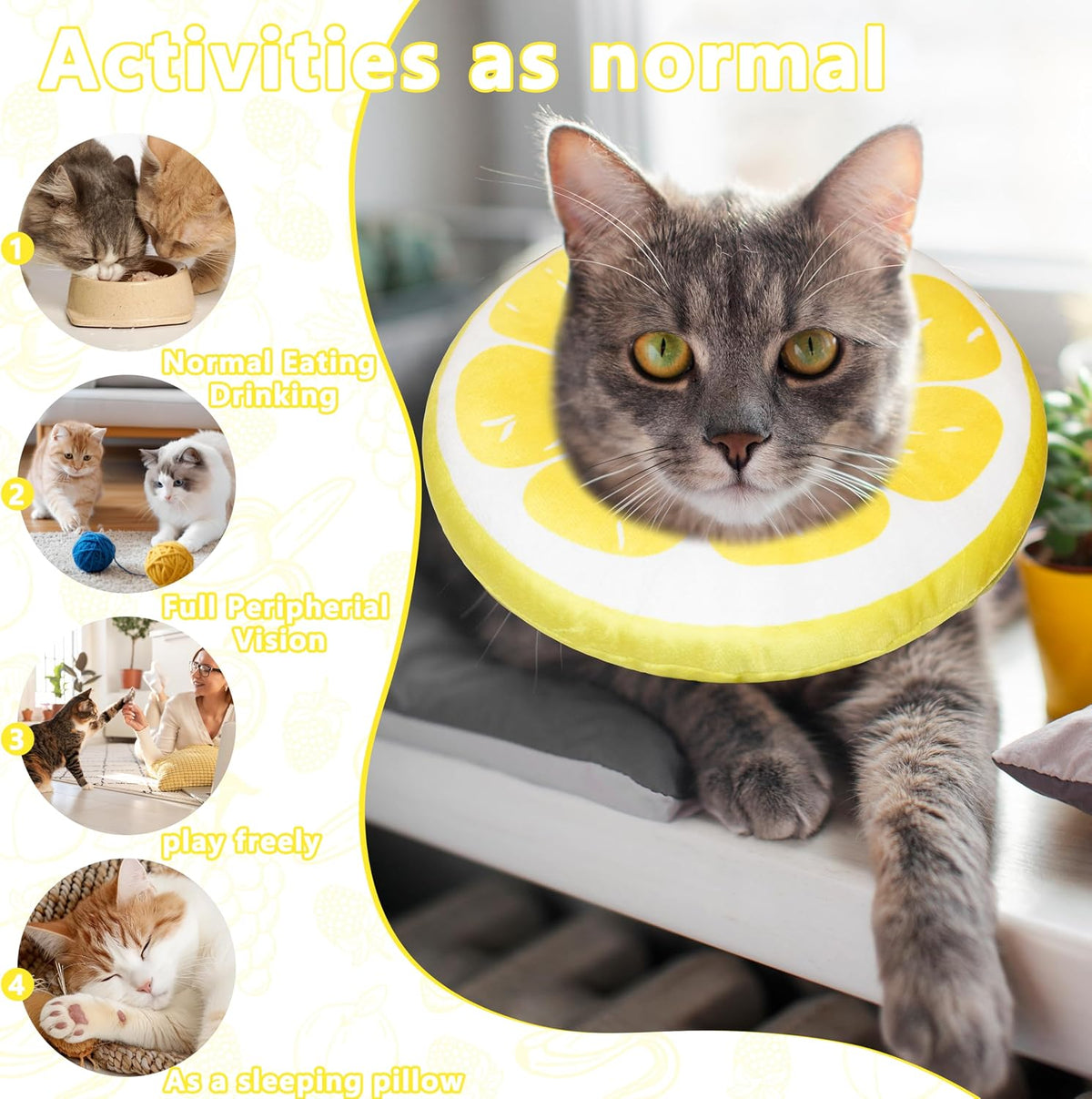 Cat Cone Collar Soft, Adjustable Cat Recovery Cone (Lemon, L)