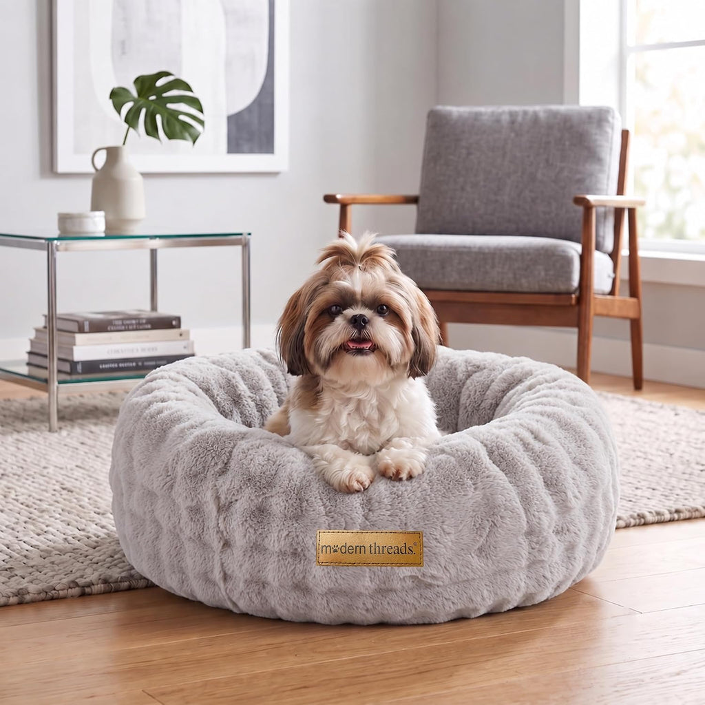 Modern Threads Calming Donut Dog Bed for Small Dogs, Plush Round Faux Fur Pet Bed with Raised Bolster, Soft Washable Dog Bed, 24x24x9, Gray