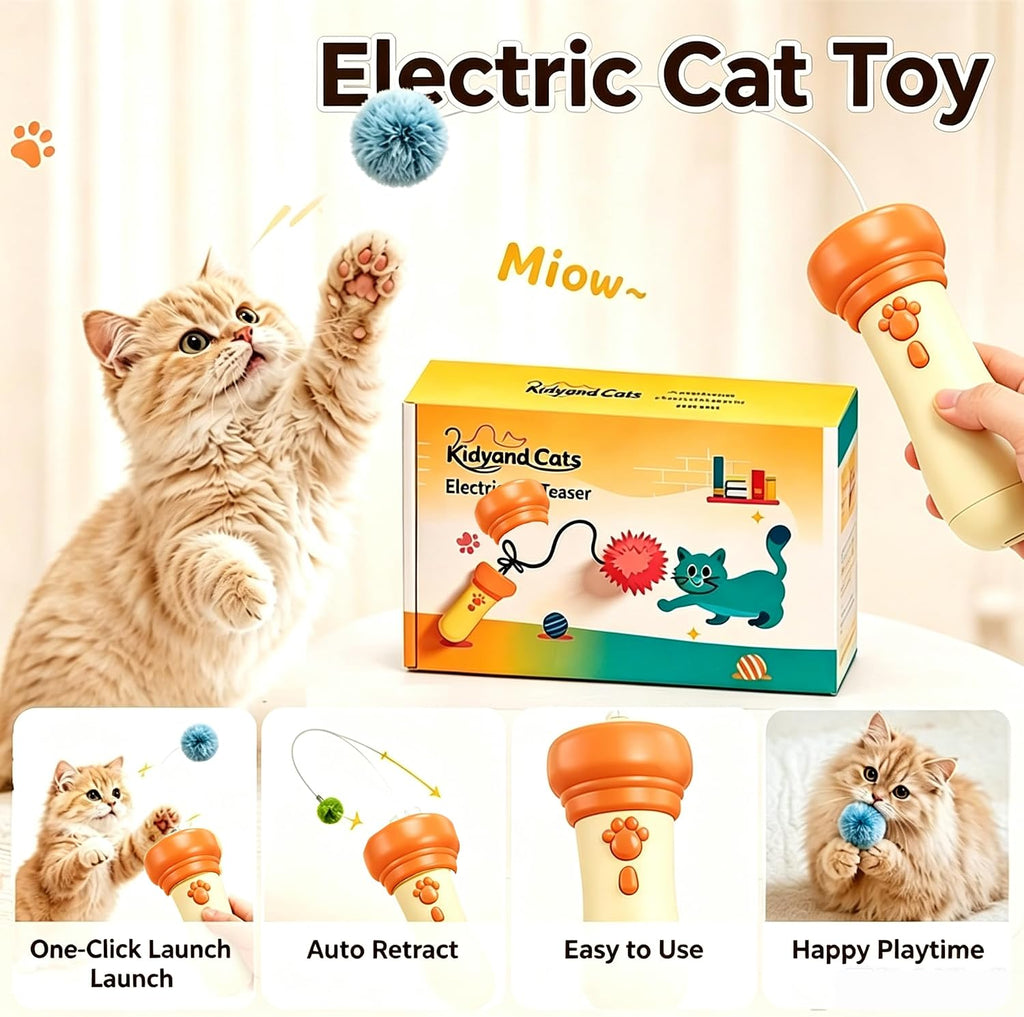 Electric Cat Wand Toy Retractable for Indoor Cats, Kittens Teaser Launcher with Ball & Telescopic Rope Launcher, Electric Interactive Toys for Cats, Relief Enrichment Toys (Orange)