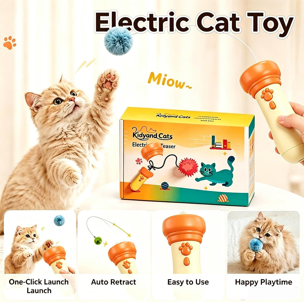Electric Cat Wand Toy Retractable for Indoor Cats, Kittens Teaser Launcher with Ball & Telescopic Rope Launcher, Electric Interactive Toys for Cats, Relief Enrichment Toys (Orange)