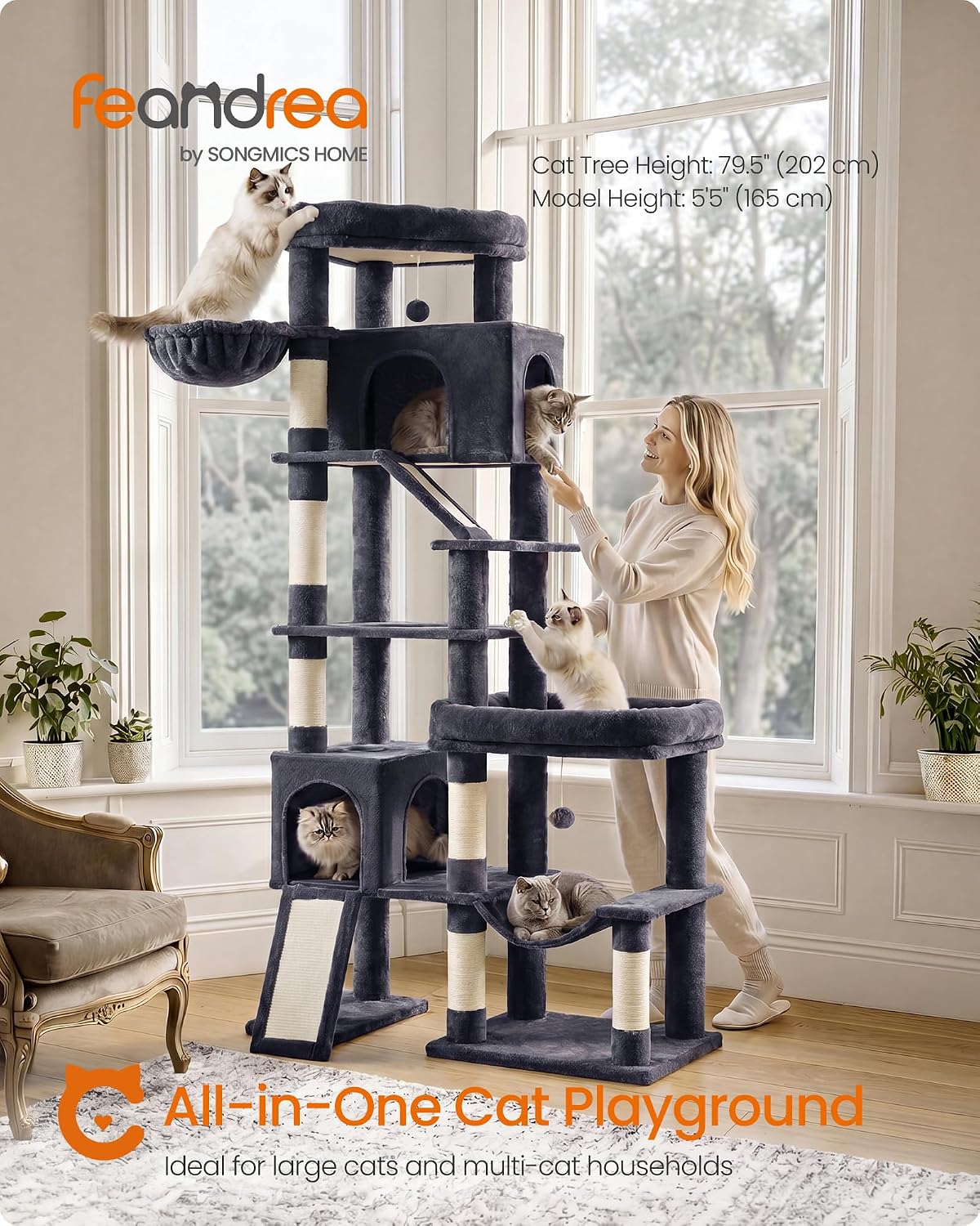 Feandrea Cat Tree, 79.5" Heavy Duty Cat Tower Condo for Indoors, Dark Gray