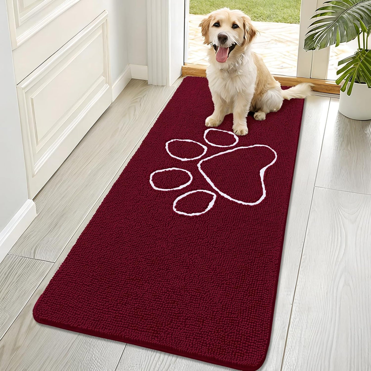 OLANLY Dog Door Mat for Muddy Paws 70x32, Paw Print Design Chenille Mud Mat