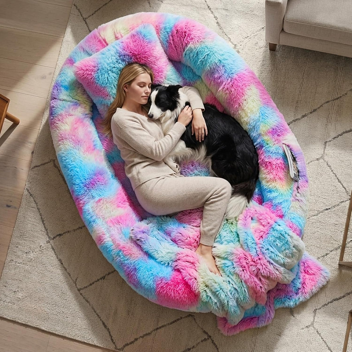 WROS Human Dog Bed for Adult, 71"x45"x12" Giant Calming Nest Beds, Rainbow