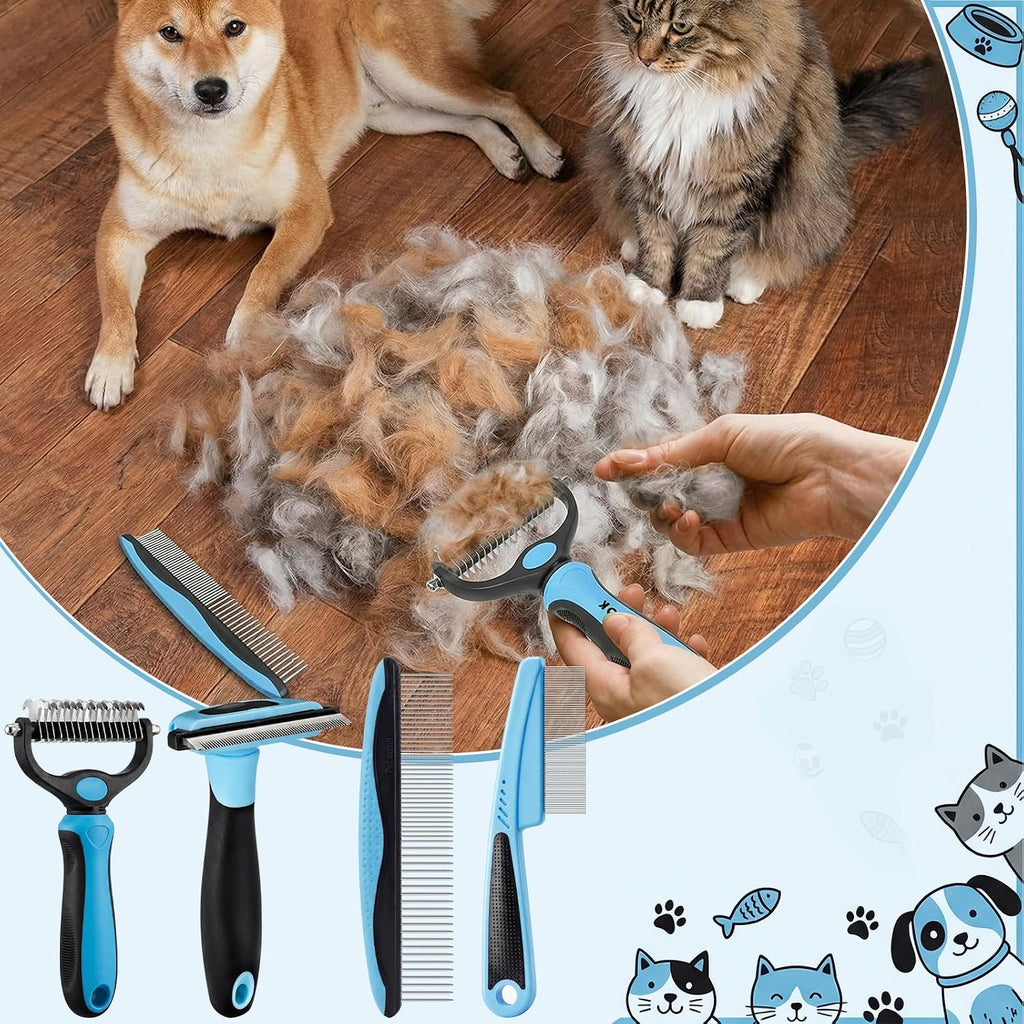 Patelai 4 Pcs Dog Dematting Comb, Blue and Black Modern Grooming Set