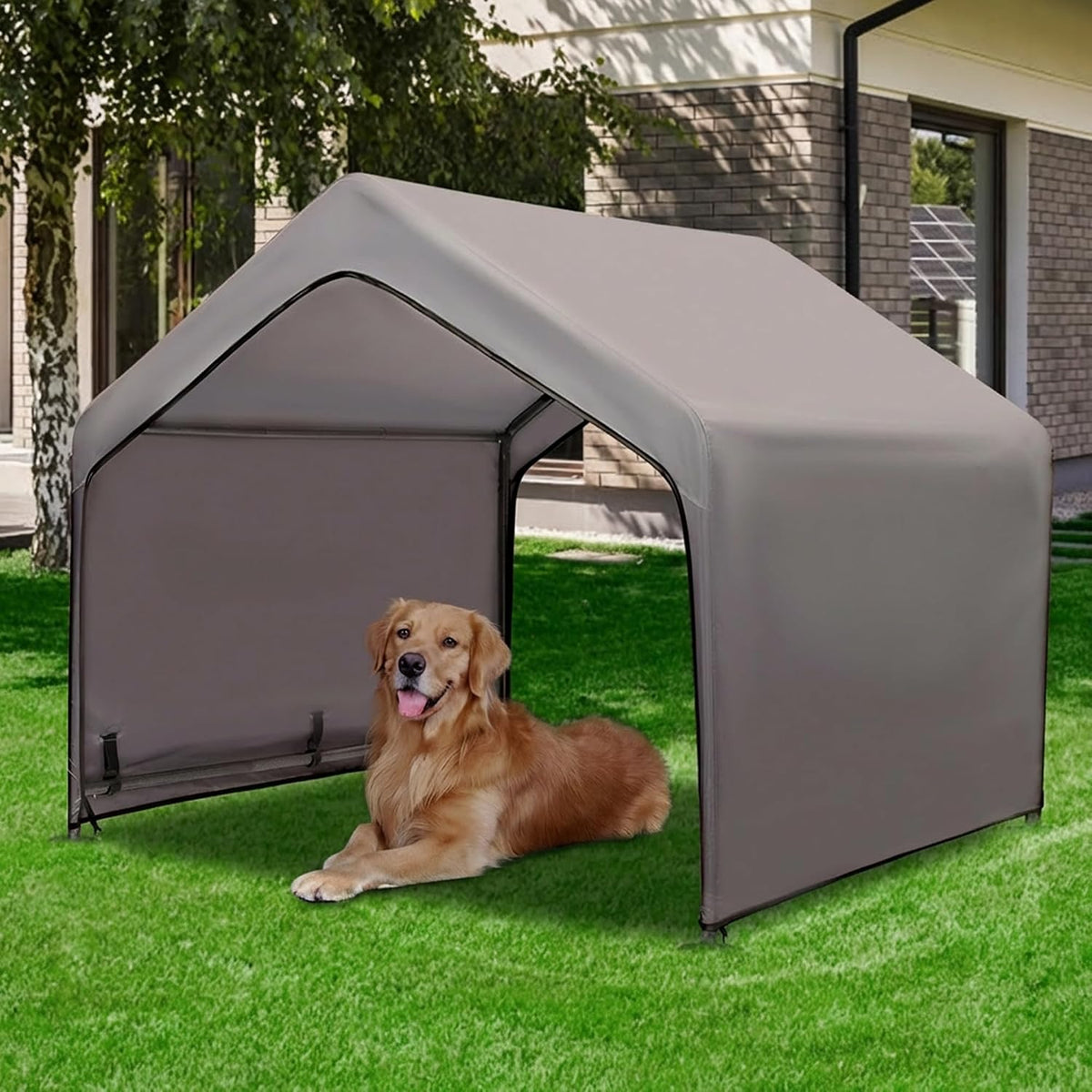 Summertrail Extra Large Dog House Outside, Dog Tent Outdoor, Big Dog Shade Shelter Doghouse Canopy, Water Resistant Dog shelter with Ground Nail, Gray Sun Rain Cover for Pet Cat Livestock 4'x 4'x 3.3