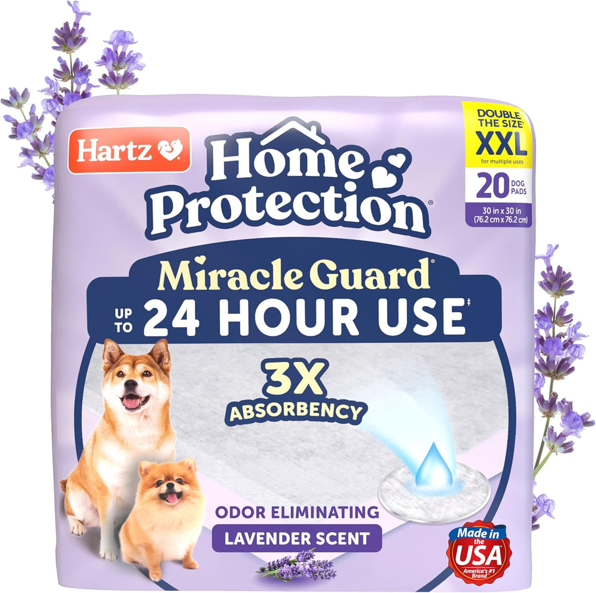 Hartz Miracle Guard Dog and Puppy Dog Pads Max Absorbency 24 Hour Use Odor Eliminating Lavender Scented No Leaks, 2XL Size 20 Count