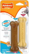 Nylabone Puppy Chew Teething Bone & Original Bone Dog Chew Toys, 2 Count | X-small chew bones for puppies up to 15 lbs, chicken & peanut butter flavor, soothing teething toys for puppies