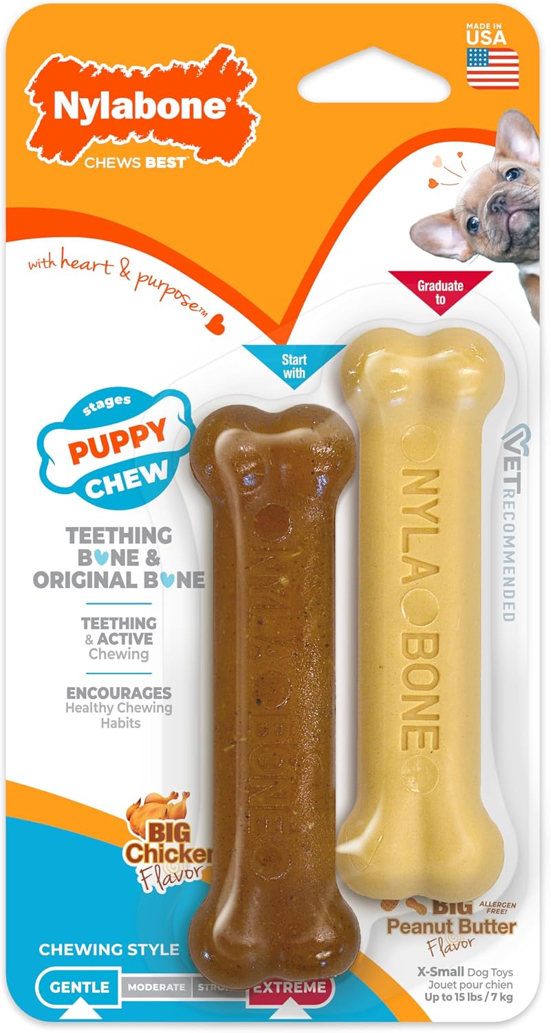 Nylabone Puppy Chew Teething Bone & Original Bone Dog Chew Toys, 2 Count | X-small chew bones for puppies up to 15 lbs, chicken & peanut butter flavor, soothing teething toys for puppies