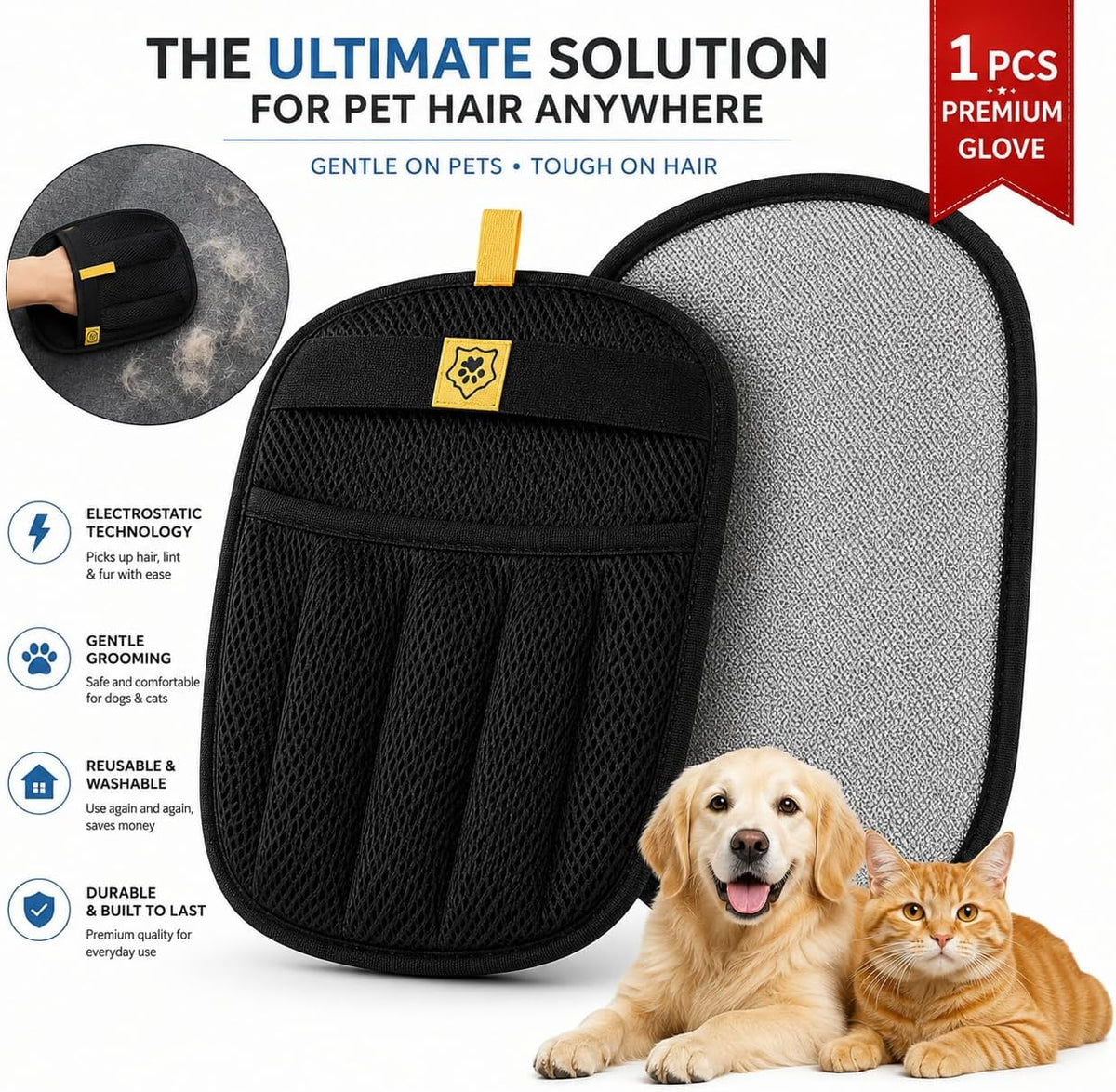 Pet Hair Remover Glove for Dogs & Cats – Cat Hair Remover & Dog Hair Removal Tool, Reusable Electrostatic Grooming Glove for Furniture, Couch, Carpet, Car Seat & Clothes – Easy Pet Hair Cleaning Mitt
