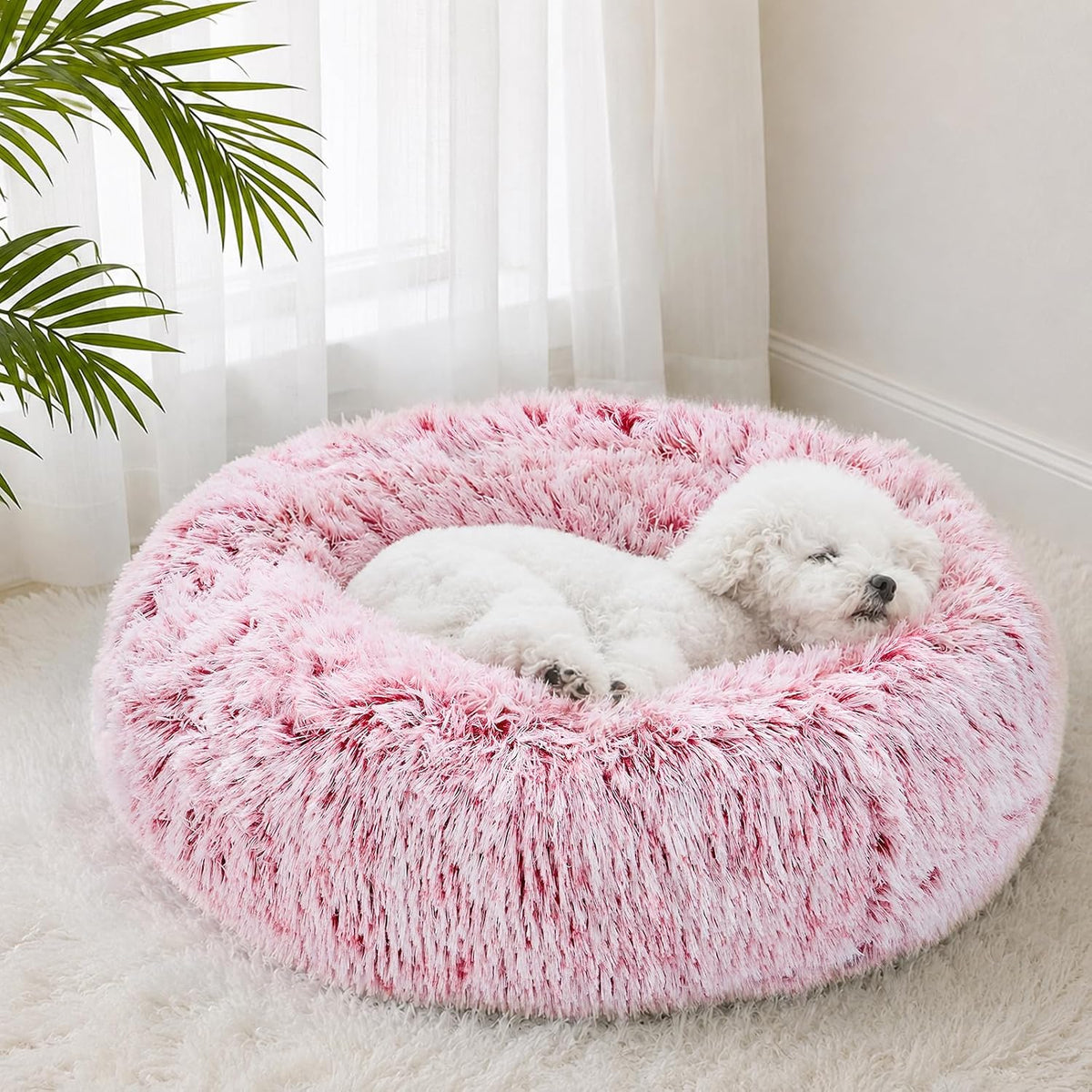 JOLLYVOGUE Calming Dog Bed for Small Dogs - 23 inches Donut Washable Small Dog Bed for Kittens & Puppies, Anti-Slip Round Fluffy Plush Faux Fur Cat Beds (Fits up to 25 lbs Pets, Smoke Pink)