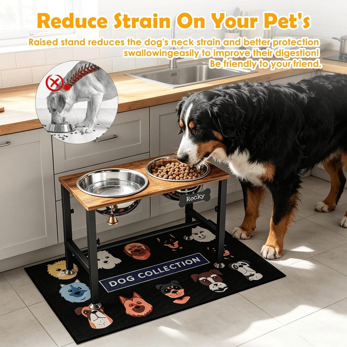 ADENGL Adjustable Elevated Dog Bowls, Raised Bowl Stand with 2 Stainless Steel Bowls (3000ml) and Spill-Proof Mat for Large and XLarge Breeds