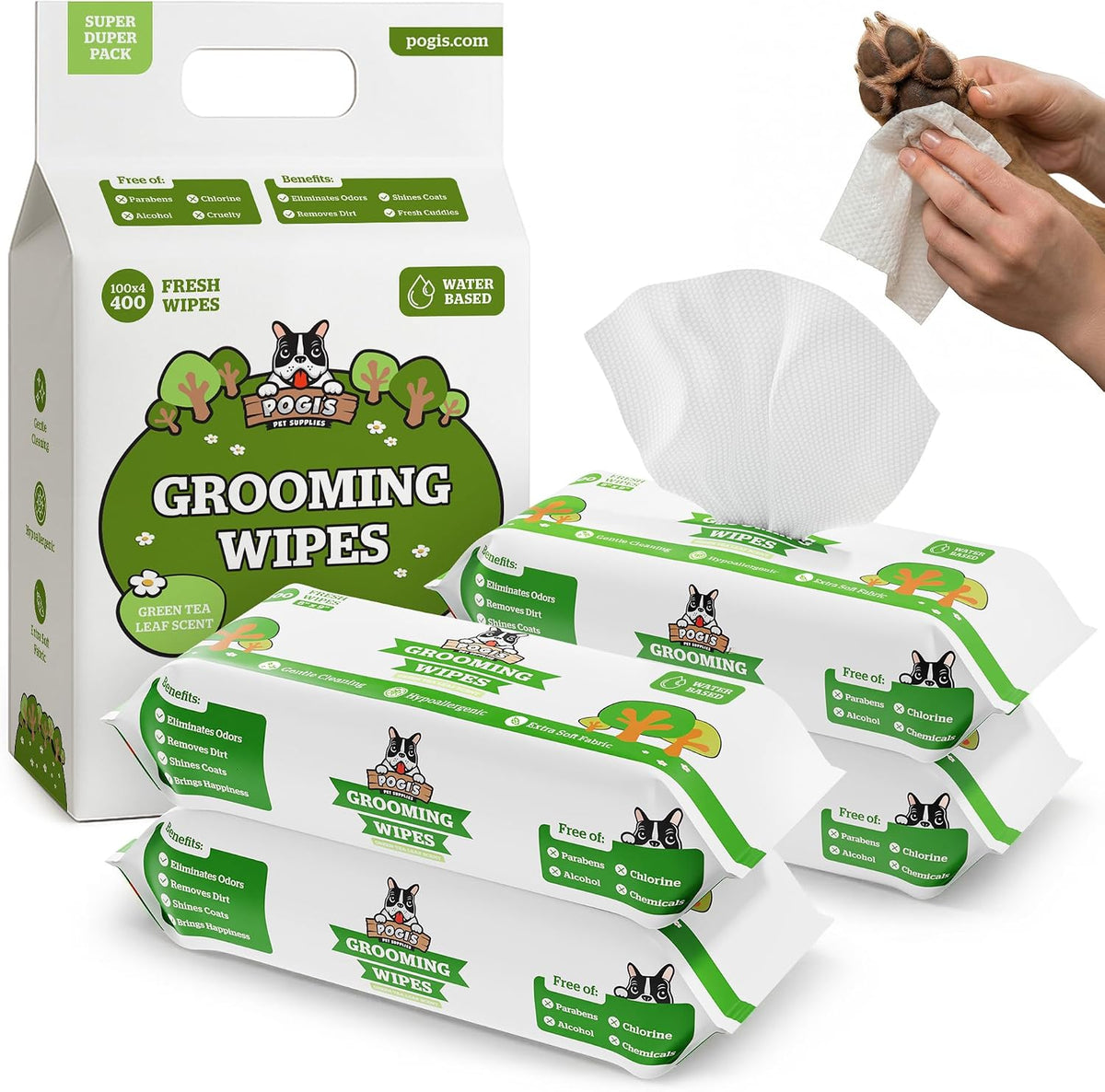 Pogi’s Dog Wipes – Hypoallergenic Pet Wipes for Paws, Body & Butt – Cleaning & Hydrating, Green Tea Scent, 400 Count 