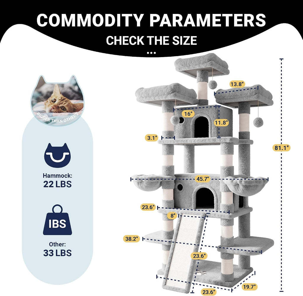 Allewie 82 Inches Large Cat Tree/House/XXL Tall Cat Towers for Big Feline/Scratching Post/Multi-Level Large Kitty Climbing Tree with Condo/Light Grey