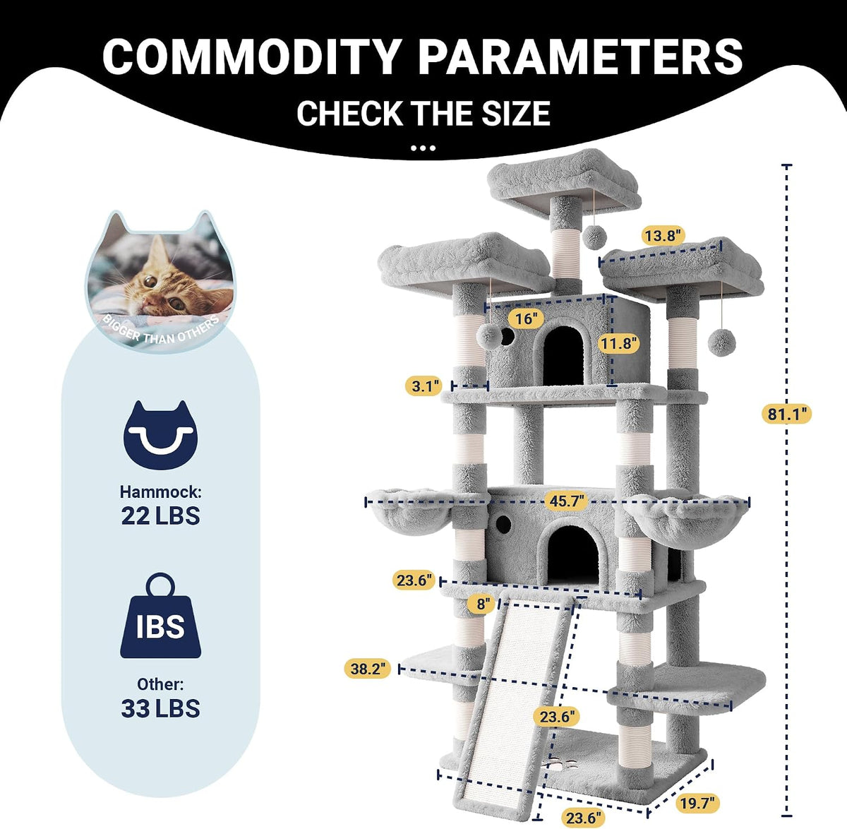 Allewie 82 Inches Large Cat Tree/House/XXL Tall Cat Towers for Big Feline/Scratching Post/Multi-Level Large Kitty Climbing Tree with Condo/Light Grey