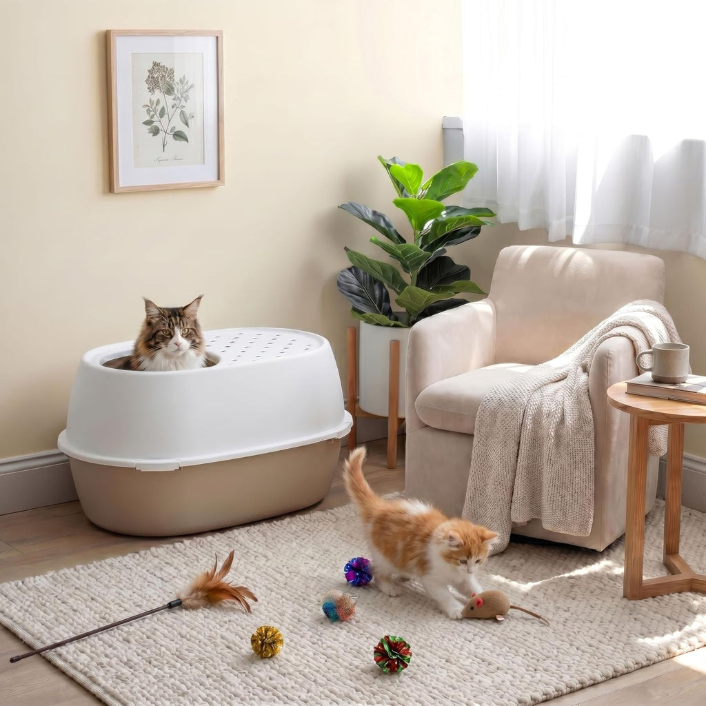 IRIS USA XX-Large Top Entry Cat Litter Box, Dog Proof, Beige/White | Extra Large, Heavy Duty Plastic, Big Cats, Secure 4-Buckle Lock, Tracking Control Lid, Quick Cleanup