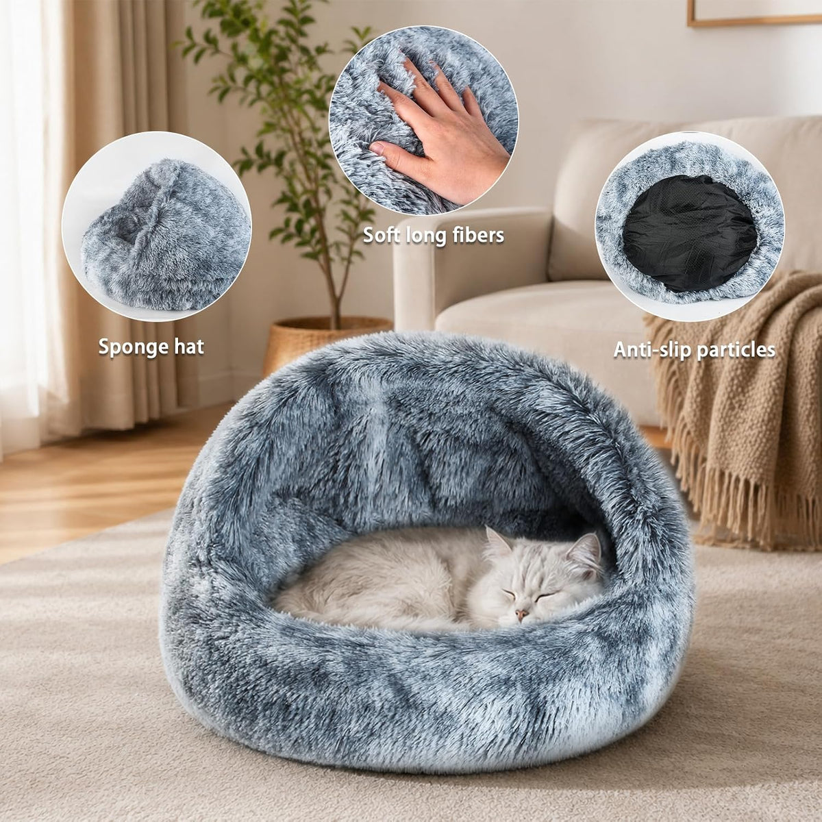Large Cat Cave Bed for Indoor Cats & Small Dogs, Covered Pet Bed House, Semi-Enclosed Cat Bed with Non-Slip Bottom, Cozy Calming Pet Cave, Machine Washable Dog and Cat Bed, 25.5 Inch (25.5")