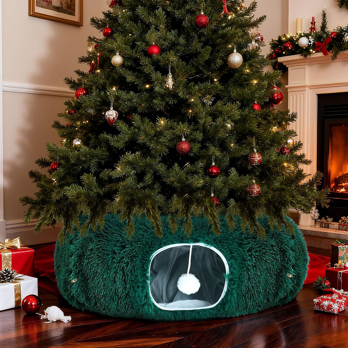 Christmas Tree Cat Tunnel 36 in Donut Bed, Green, Plush, Fluffy