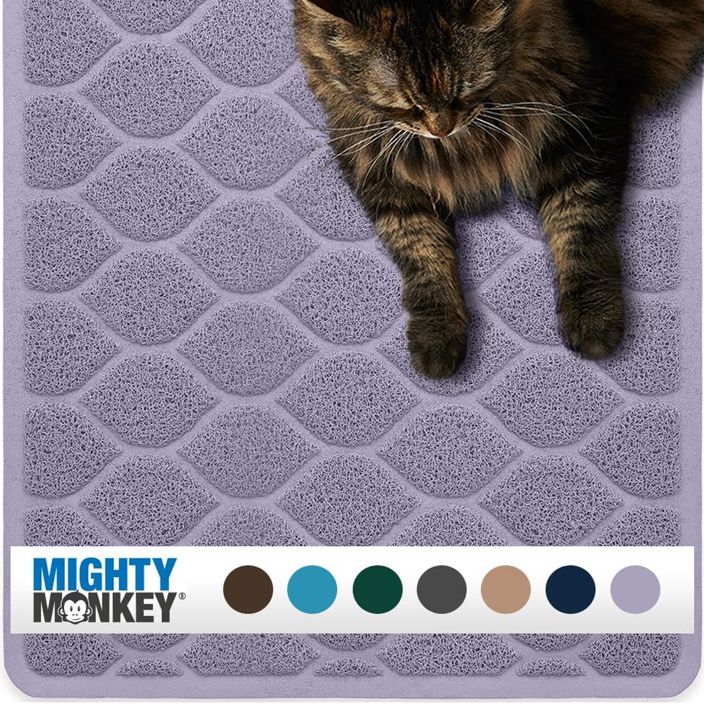 MIGHTY MONKEY Waterproof Cat Litter Box Mat, BPA Free, 35x23 Purple | Easy Clean Floors, Textured Backing, Soft on Sensitive Kitty Paws, Cats Accessories, Less Waste, Stays in Place