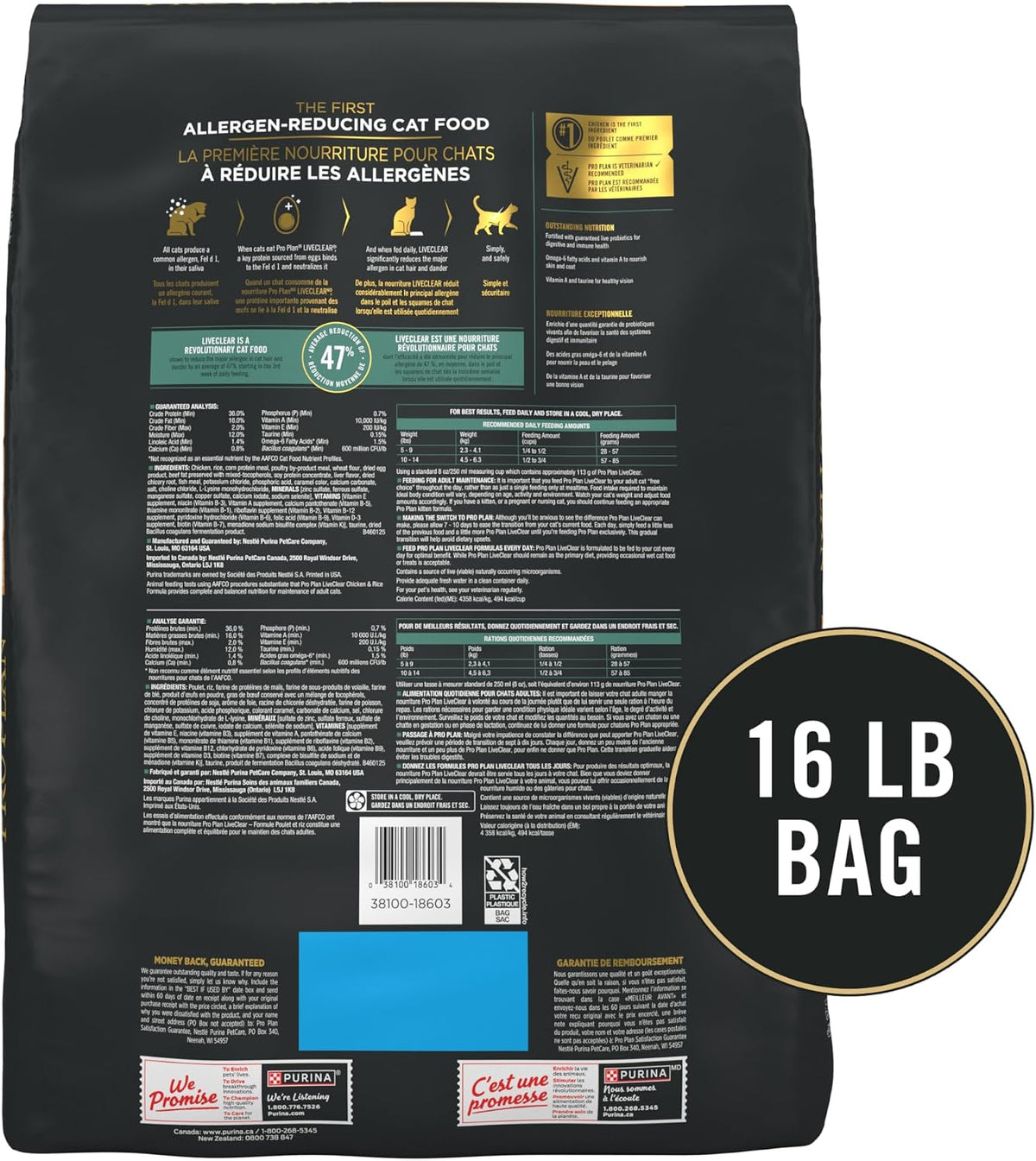 Purina Pro Plan LiveClear Allergen Reducing Dry Cat Food, Chicken, 16 lb