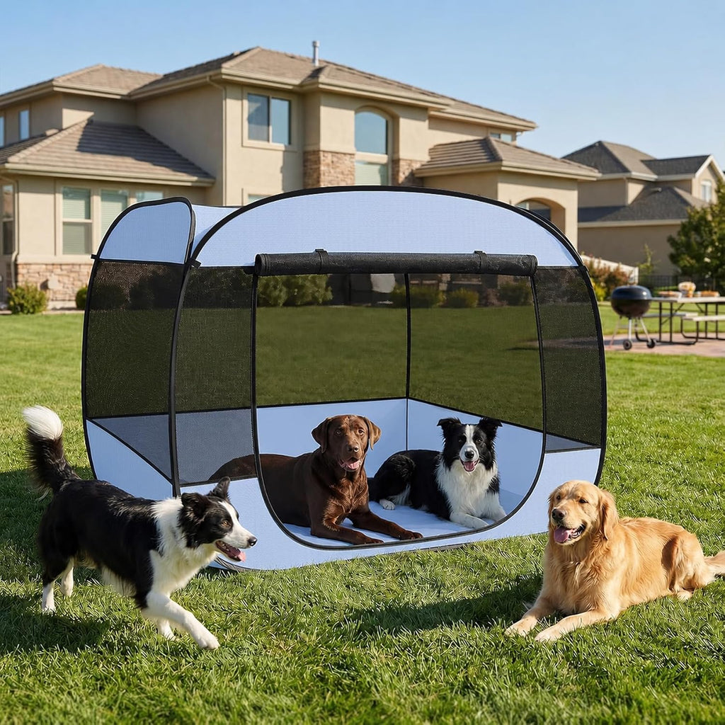 EighteenTek XLarge Popup Portable Dog Houses, 5.3'x4'H Assembly-Free Gazebo-Style Dog Cot Cat Playpen Screen Pet Tent Sun Shade Shelter Dog Bed with Canopy for Outdoor, Anti-Bugs with Leakproof Bottom