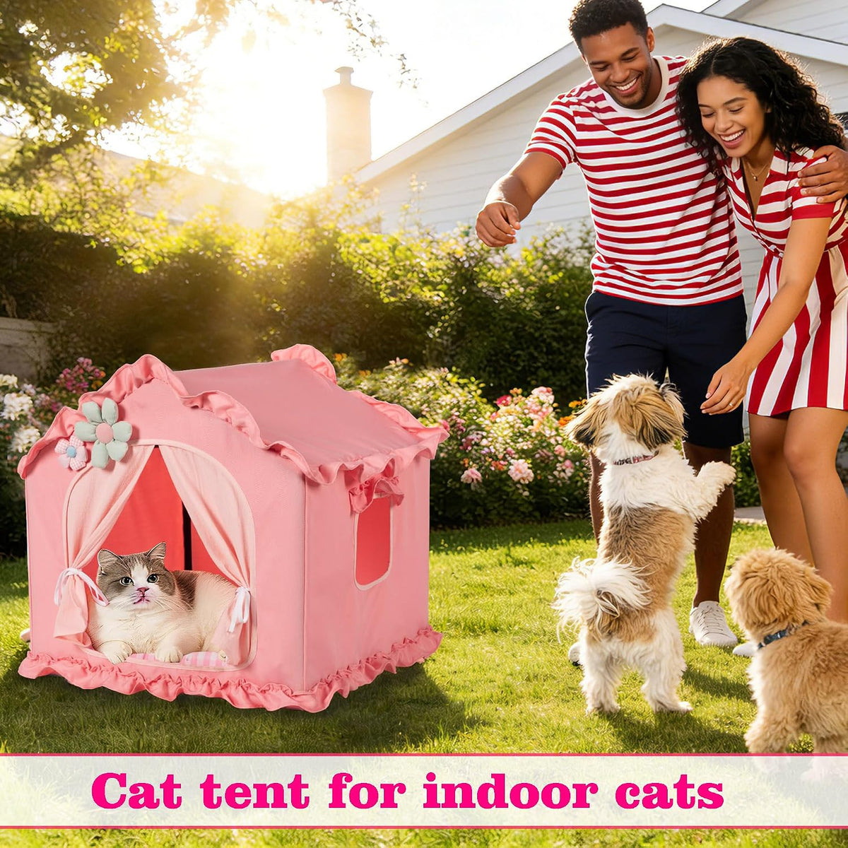 Pink Indoor Dog House with Frame Foldable Breathable for Small Dog