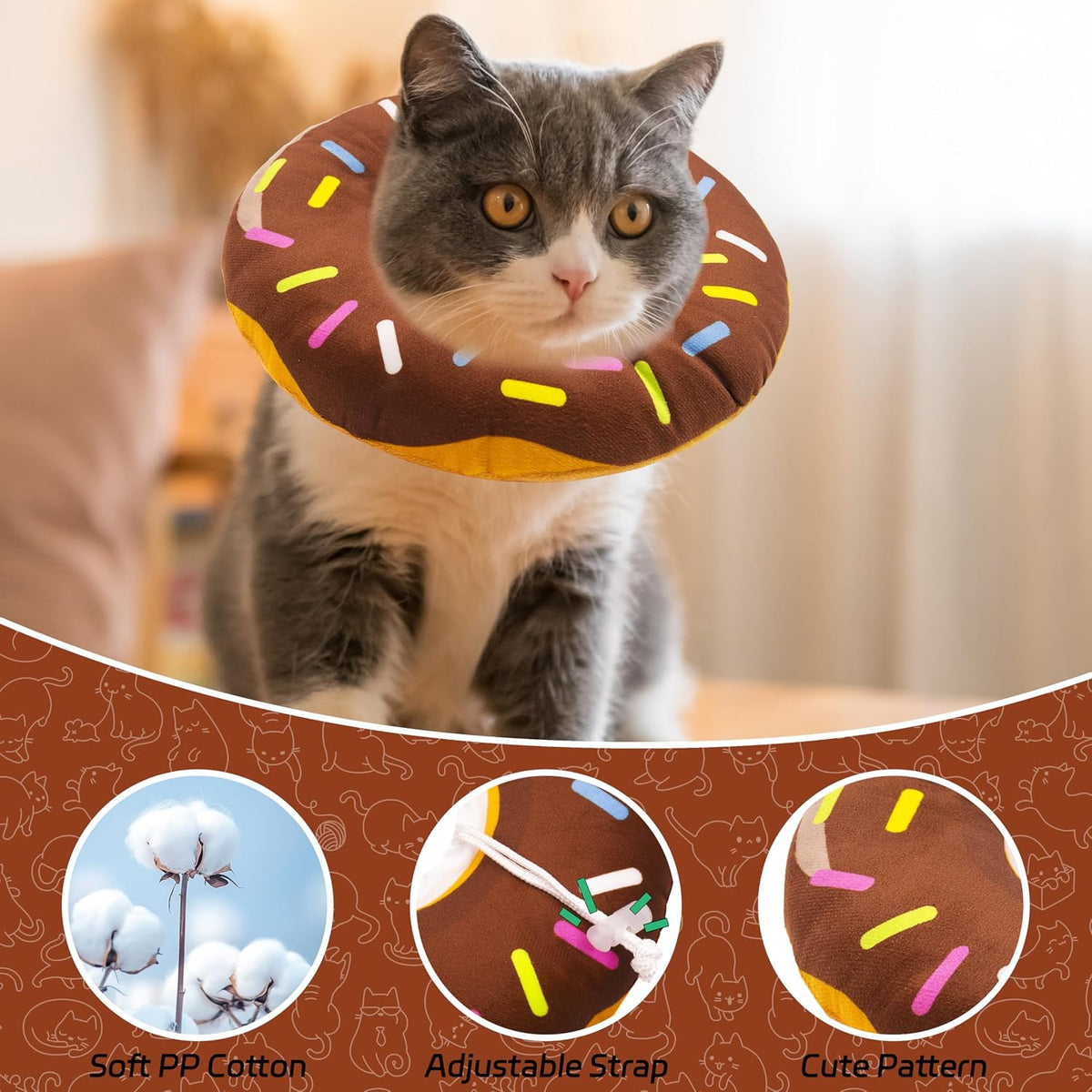 Seyezo Cat Cone Collar Soft, Adjustable Cat Recovery Collars, Donut Brown S