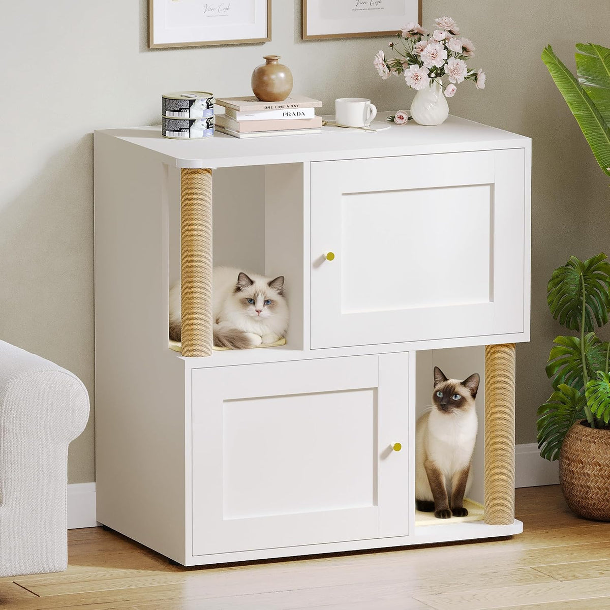 Double Cat Litter Box Enclosure, Litter Box Cabinet for 2 Cats, Hidden Cat Litter Box Furniture, Dog-Proof Litter Box Enclosure with Cats Scratching Post, Suitable for Most Litter Boxes