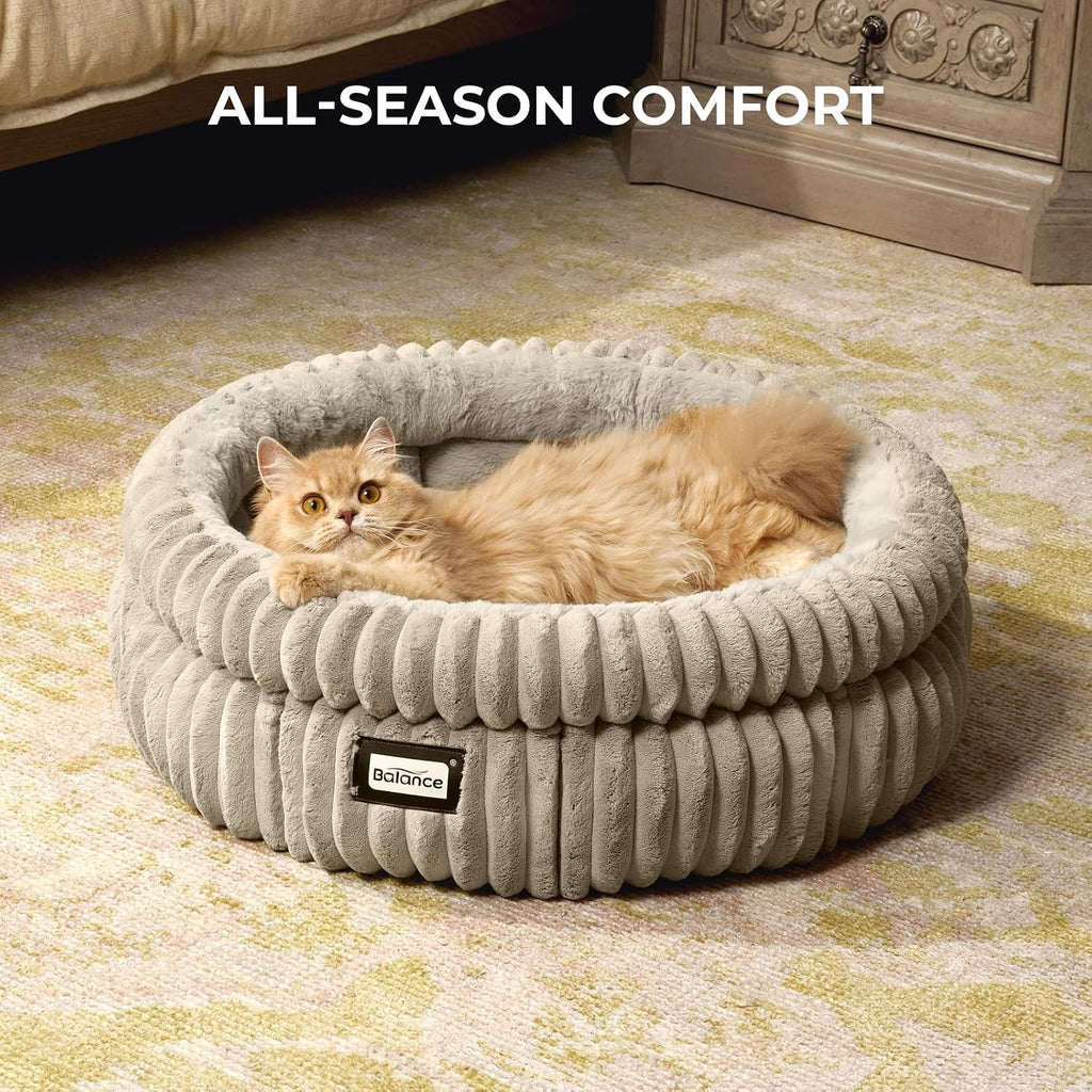 BALANCE Cat Bed Kitten Bed, Washable Round Cat Beds for Indoor Cats,Super Soft Plush Faux Fur Pet Bed for Puppy and Kitten with Anti-Slip Bottom