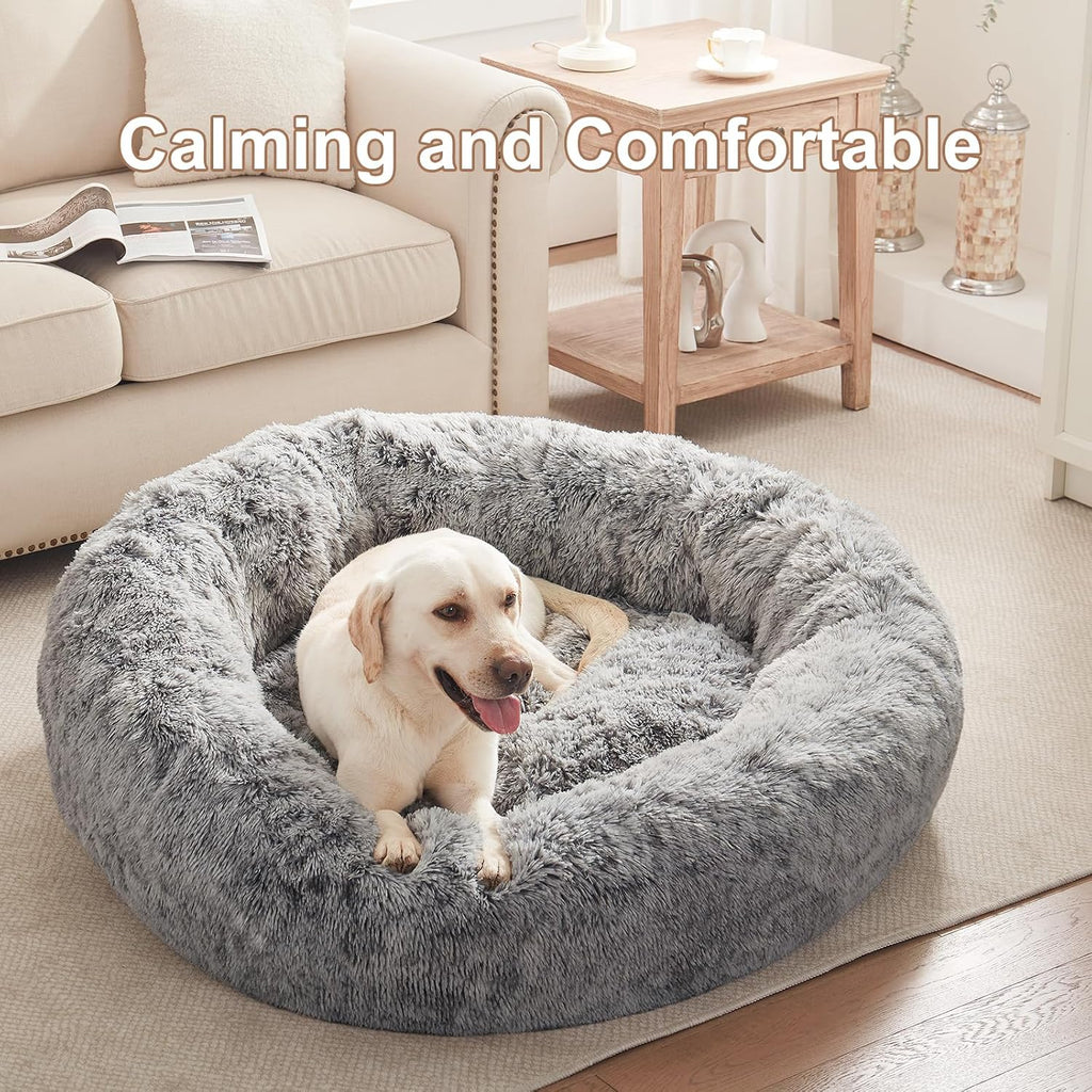 45 in Faux Fur Fluffy Donut Dog Bed for Extra Large Dogs,Dark Grey