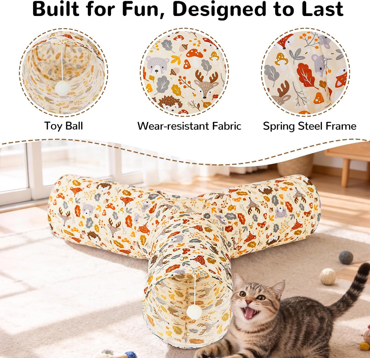 Tempcore Cat Tunnel, 3-Way Collapsible Toy, Large Size Beige Deer | Large Size 3-Way Cat Tunnel Provides More Room for Cats to Run, Hide and Chase, with Peek Holes, Hanging Ball and Teaser Wand