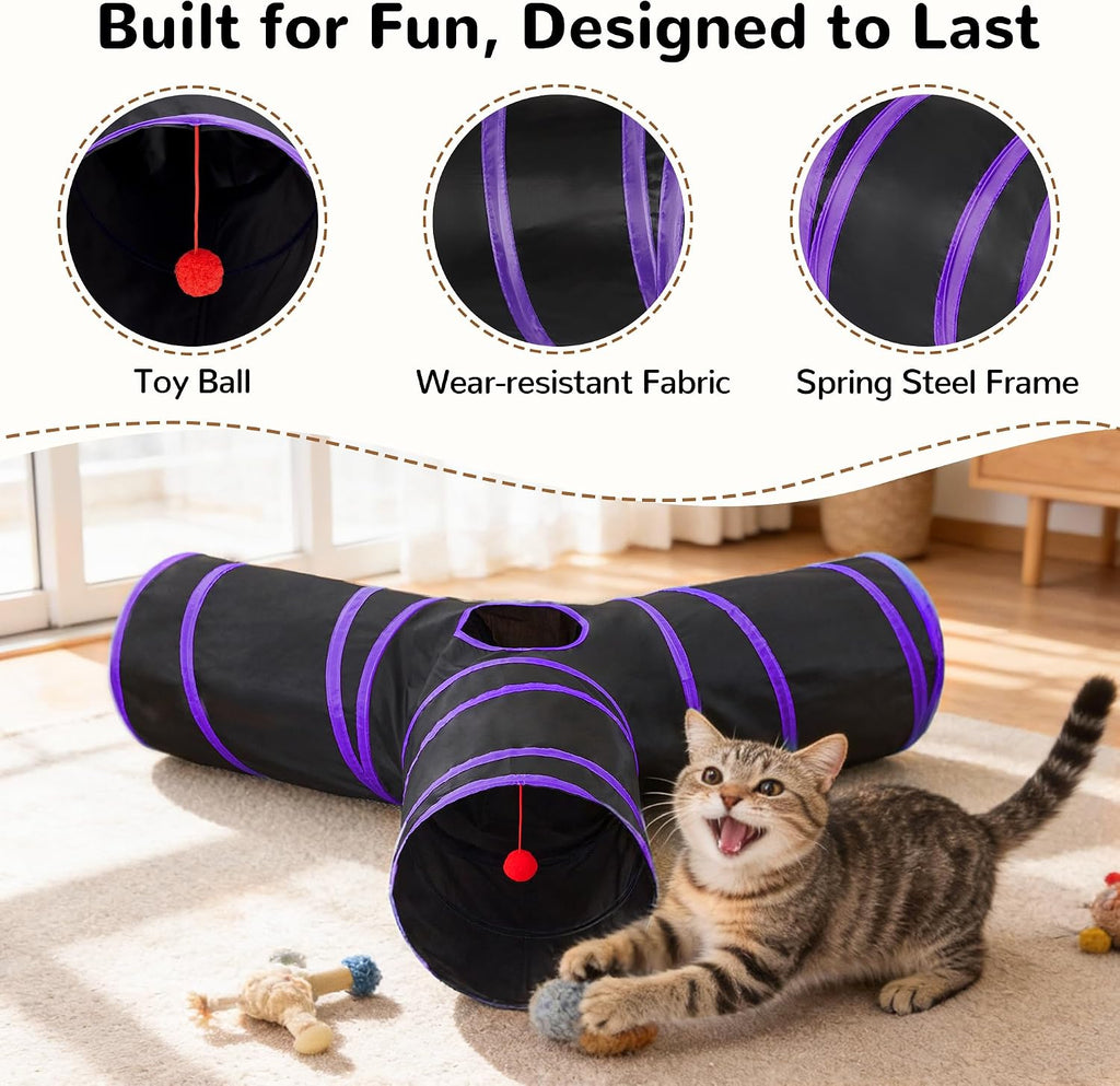 Tempcore Cat Tunnel, 3-Way Collapsible Toy, Large Size Black & Purple | Large Size 3-Way Cat Tunnel Provides More Room for Cats to Run, Hide and Chase, with Peek Holes, Hanging Ball and Teaser Wand